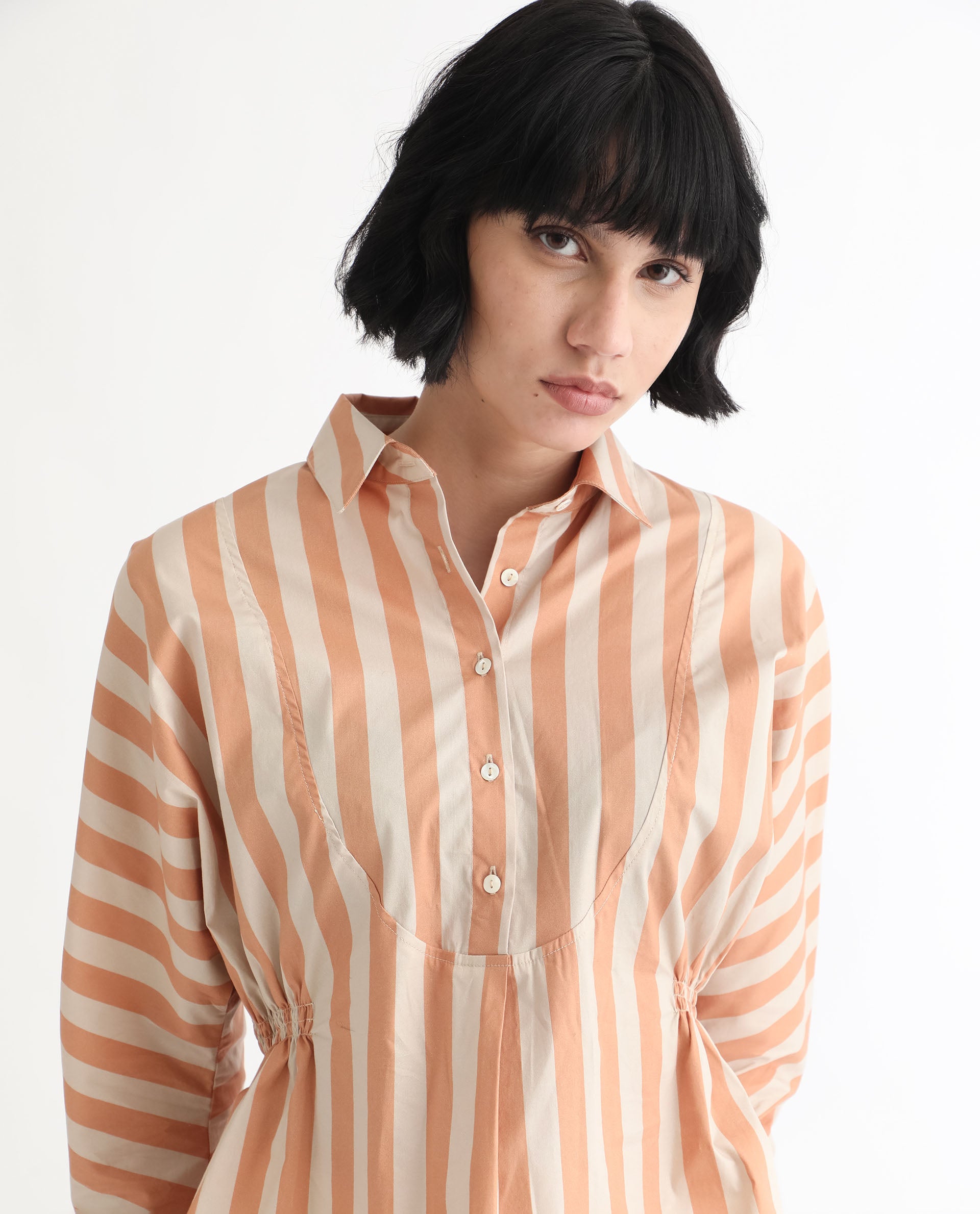 Rareism Women Kowski Dark Beige Cotton Lycra Fabric Regular Fit Shirt Collar Full Sleeves Striped Top