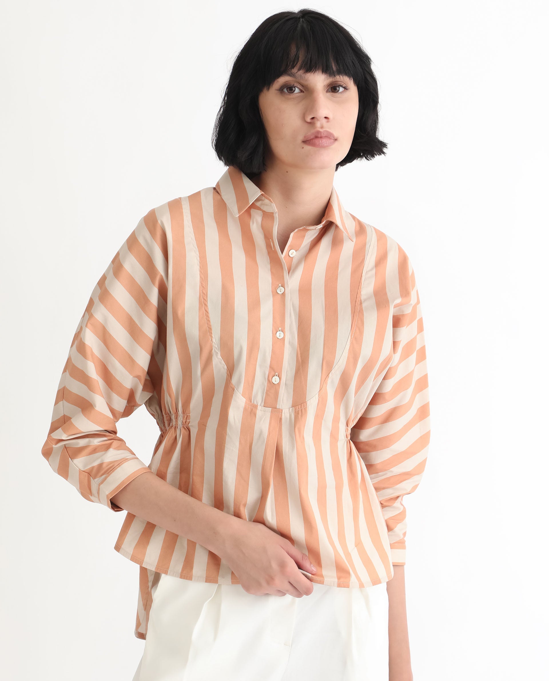 Rareism Women Kowski Dark Beige Cotton Lycra Fabric Regular Fit Shirt Collar Full Sleeves Striped Top