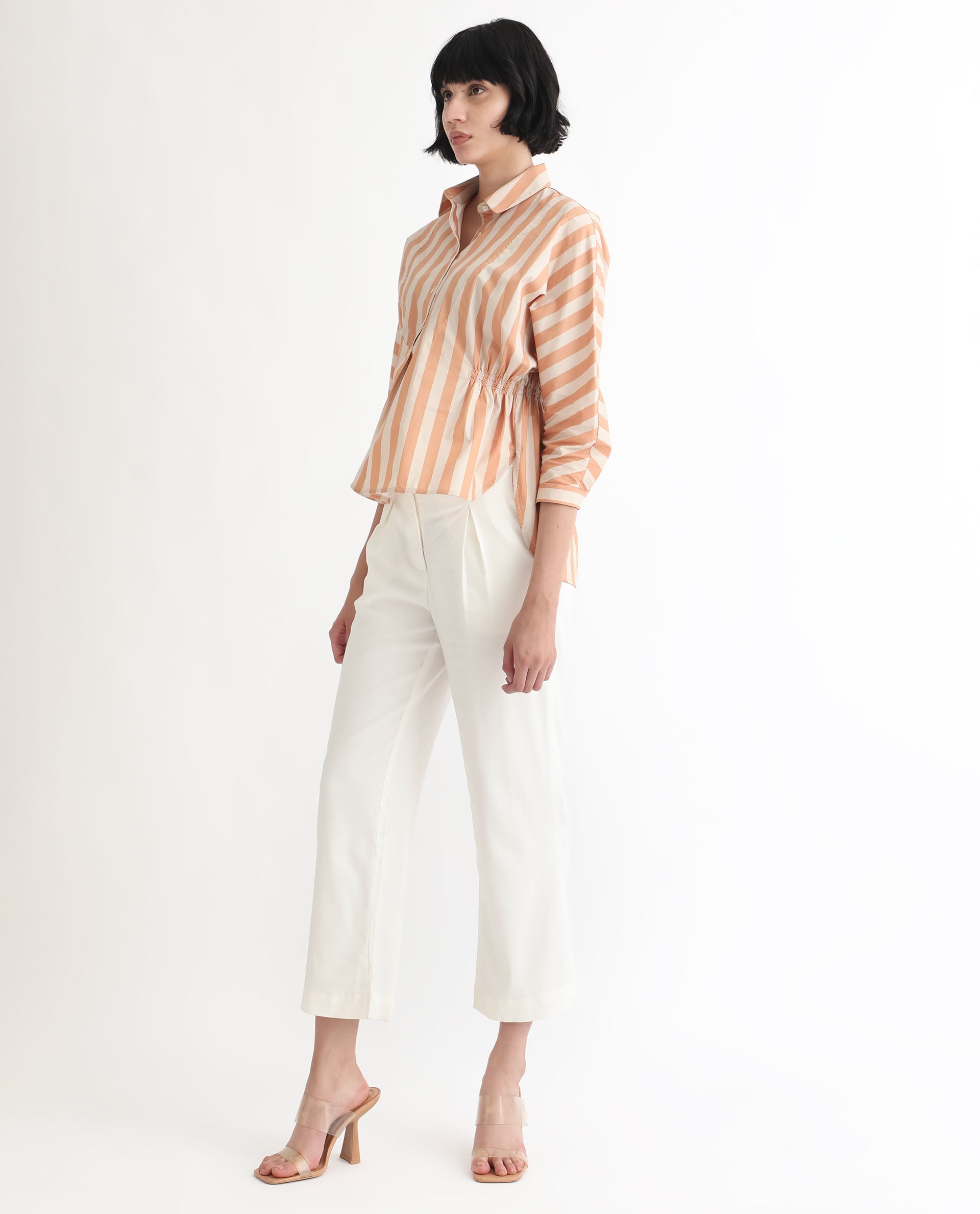 Rareism Women Kowski Dark Beige Cotton Lycra Fabric Regular Fit Shirt Collar Full Sleeves Striped Top