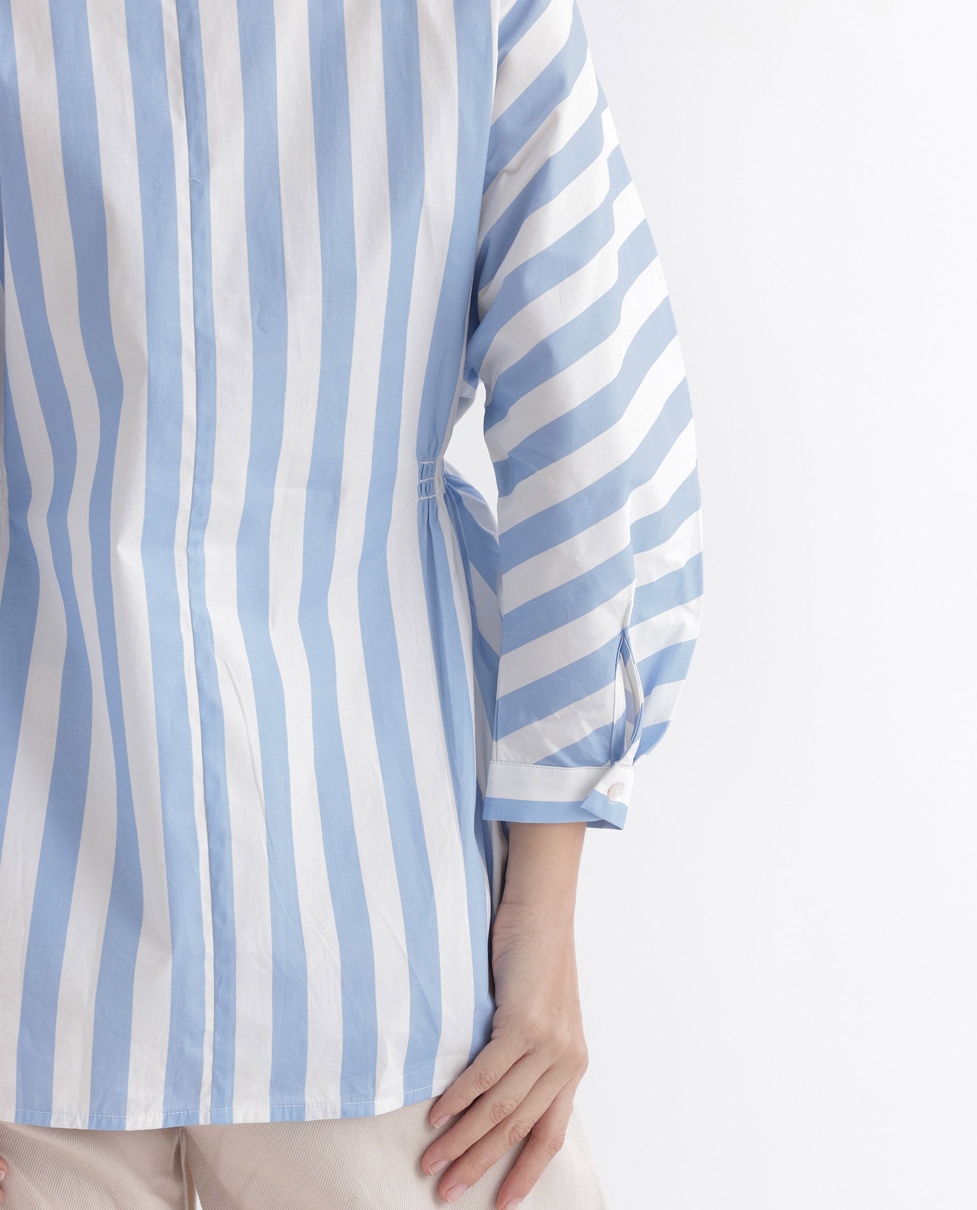 Rareism Women Kowski Blue Cotton Lycra Fabric Regular Fit Shirt Collar Full Sleeves Striped Top