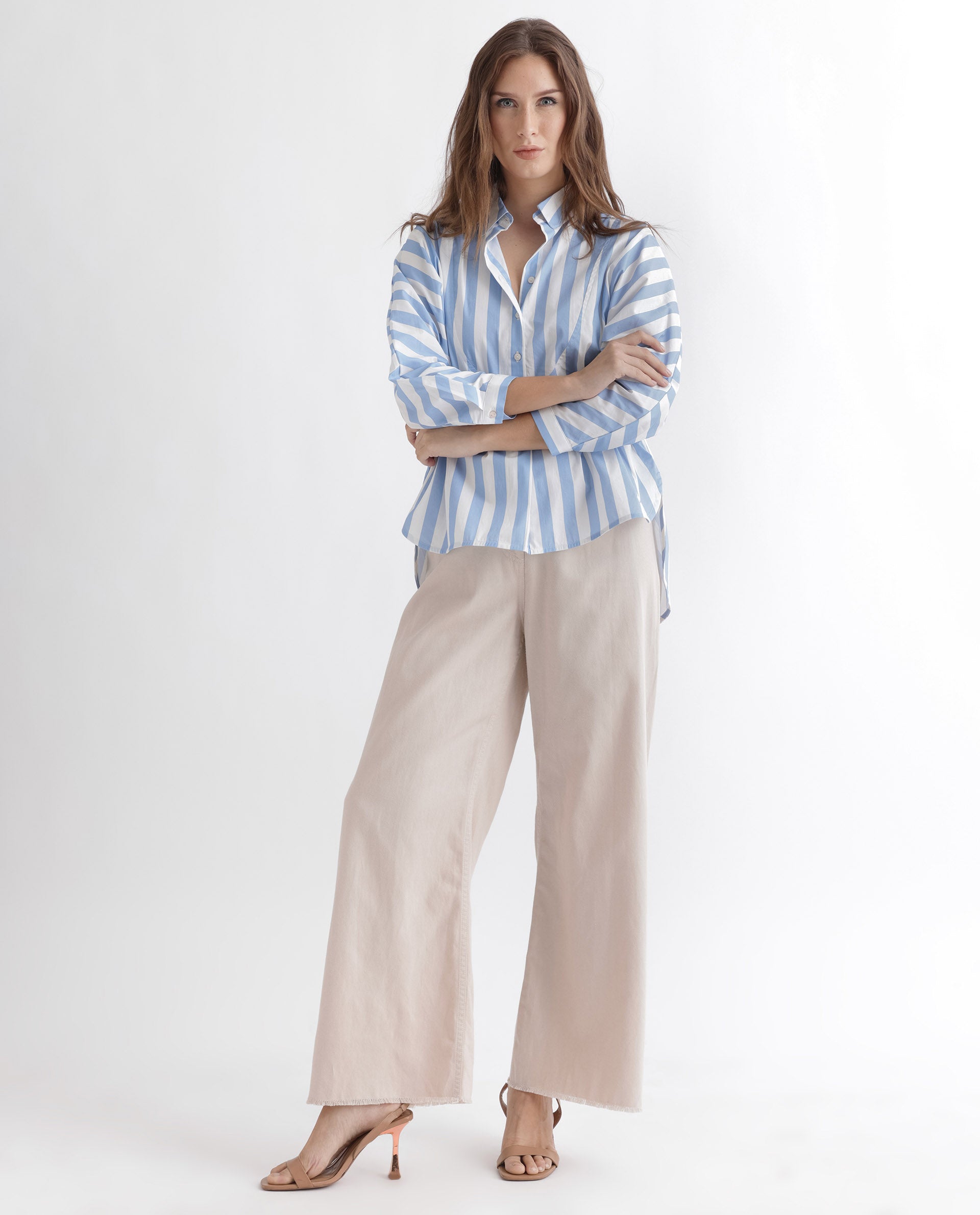 Rareism Women Kowski Blue Cotton Lycra Fabric Regular Fit Shirt Collar Full Sleeves Striped Top