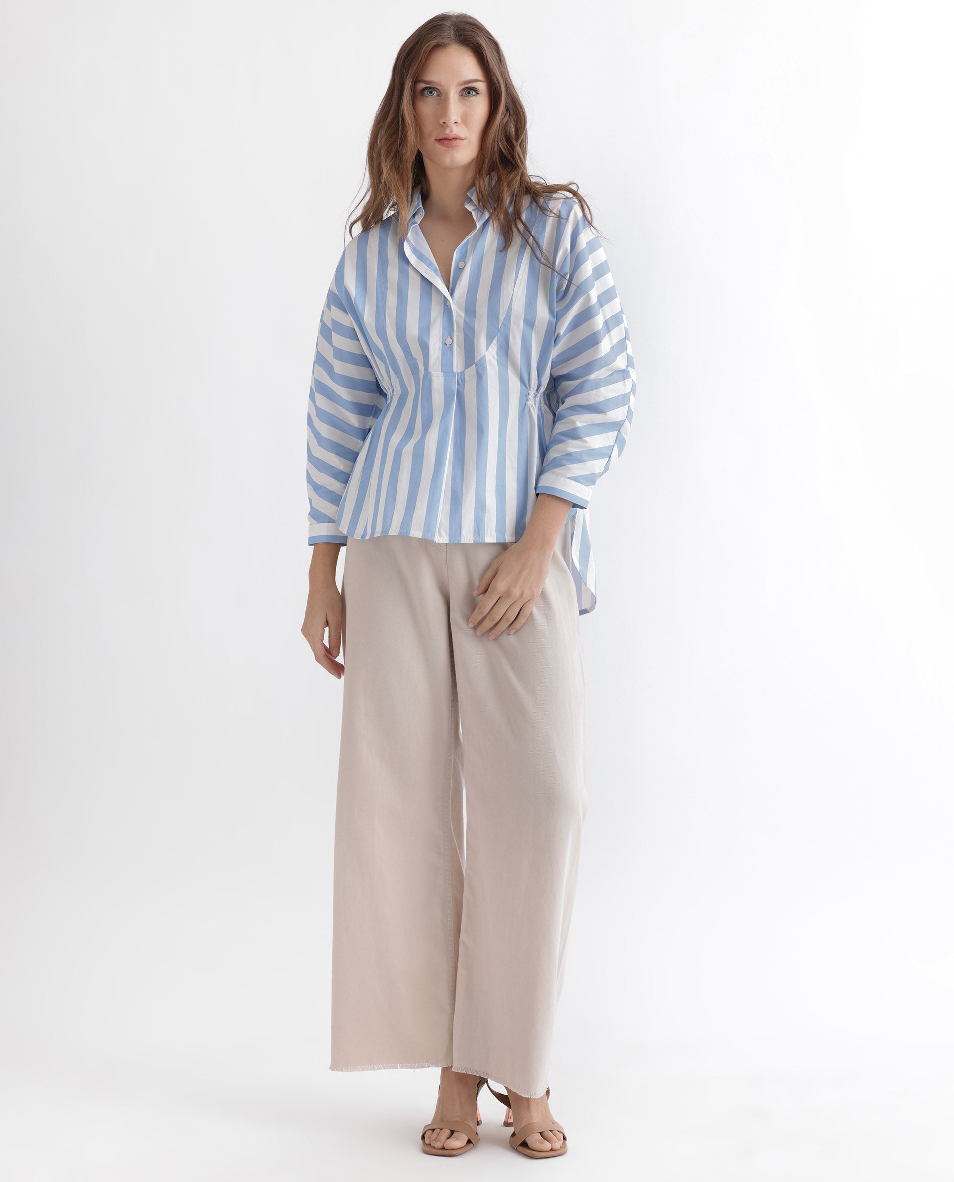 Rareism Women Kowski Blue Cotton Lycra Fabric Regular Fit Shirt Collar Full Sleeves Striped Top