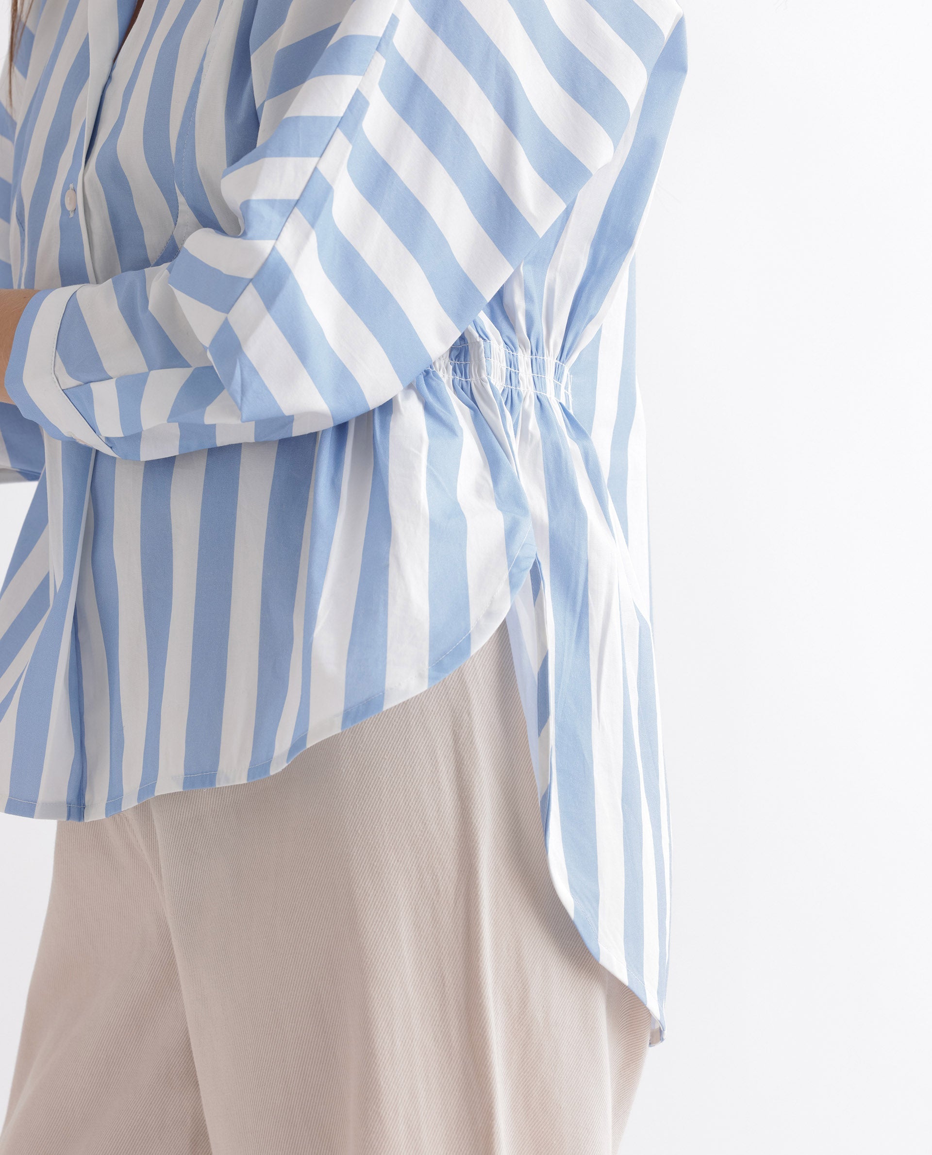 Rareism Women Kowski Blue Cotton Lycra Fabric Regular Fit Shirt Collar Full Sleeves Striped Top