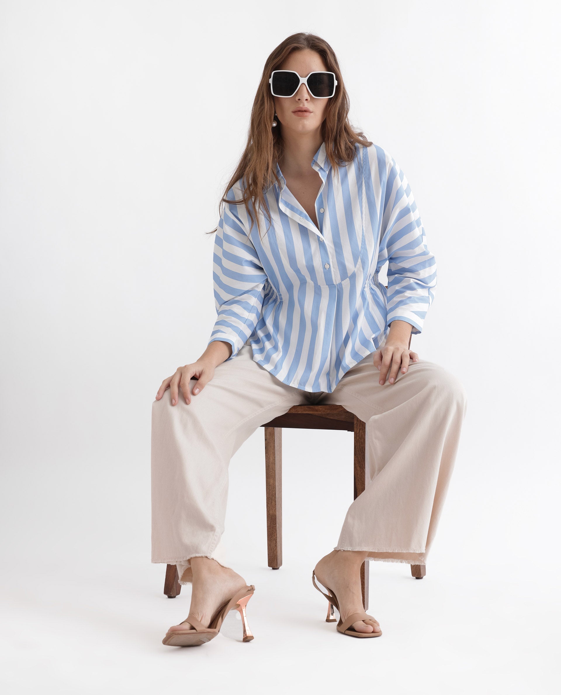 Rareism Women Kowski Blue Cotton Lycra Fabric Regular Fit Shirt Collar Full Sleeves Striped Top