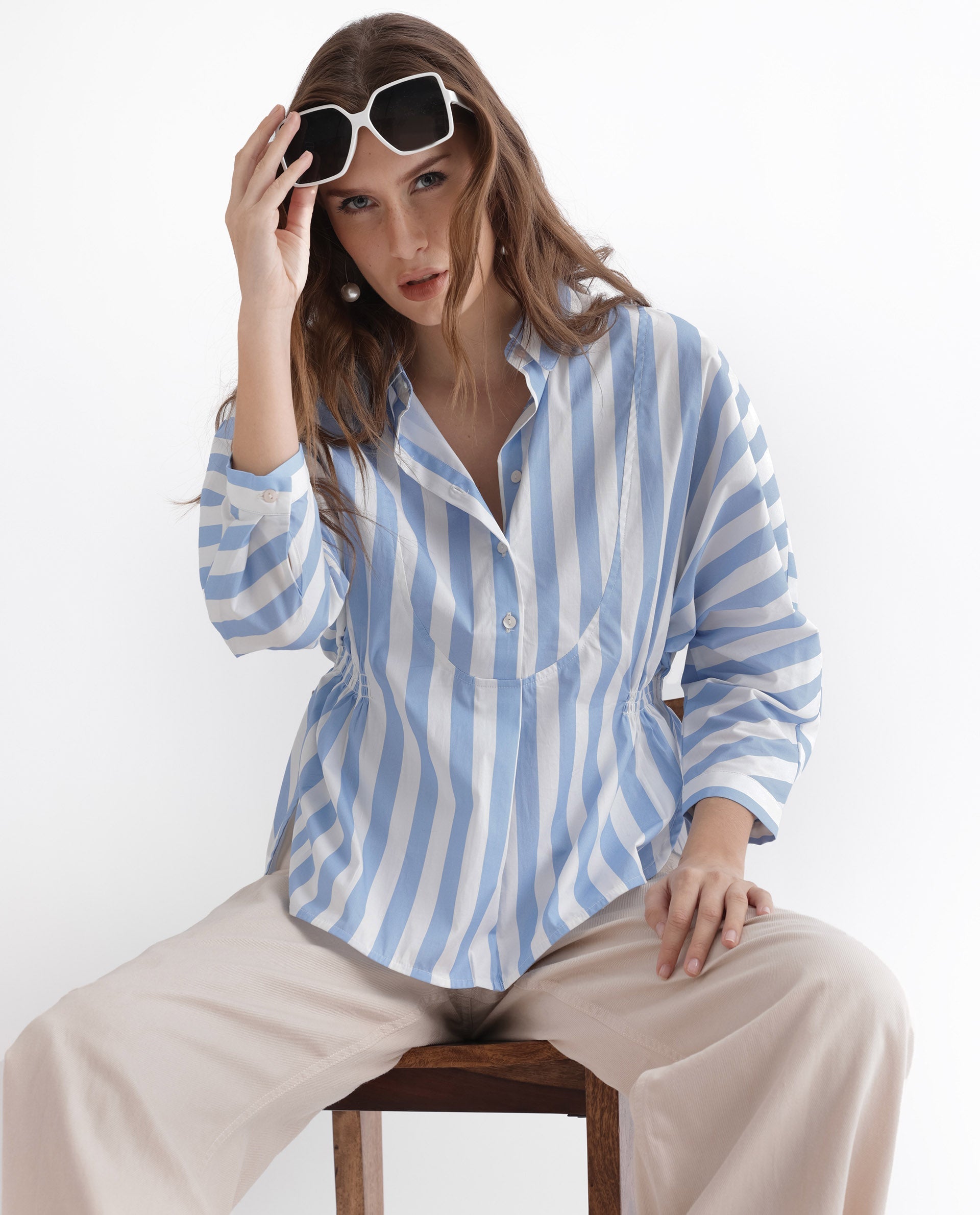 Rareism Women Kowski Blue Cotton Lycra Fabric Regular Fit Shirt Collar Full Sleeves Striped Top