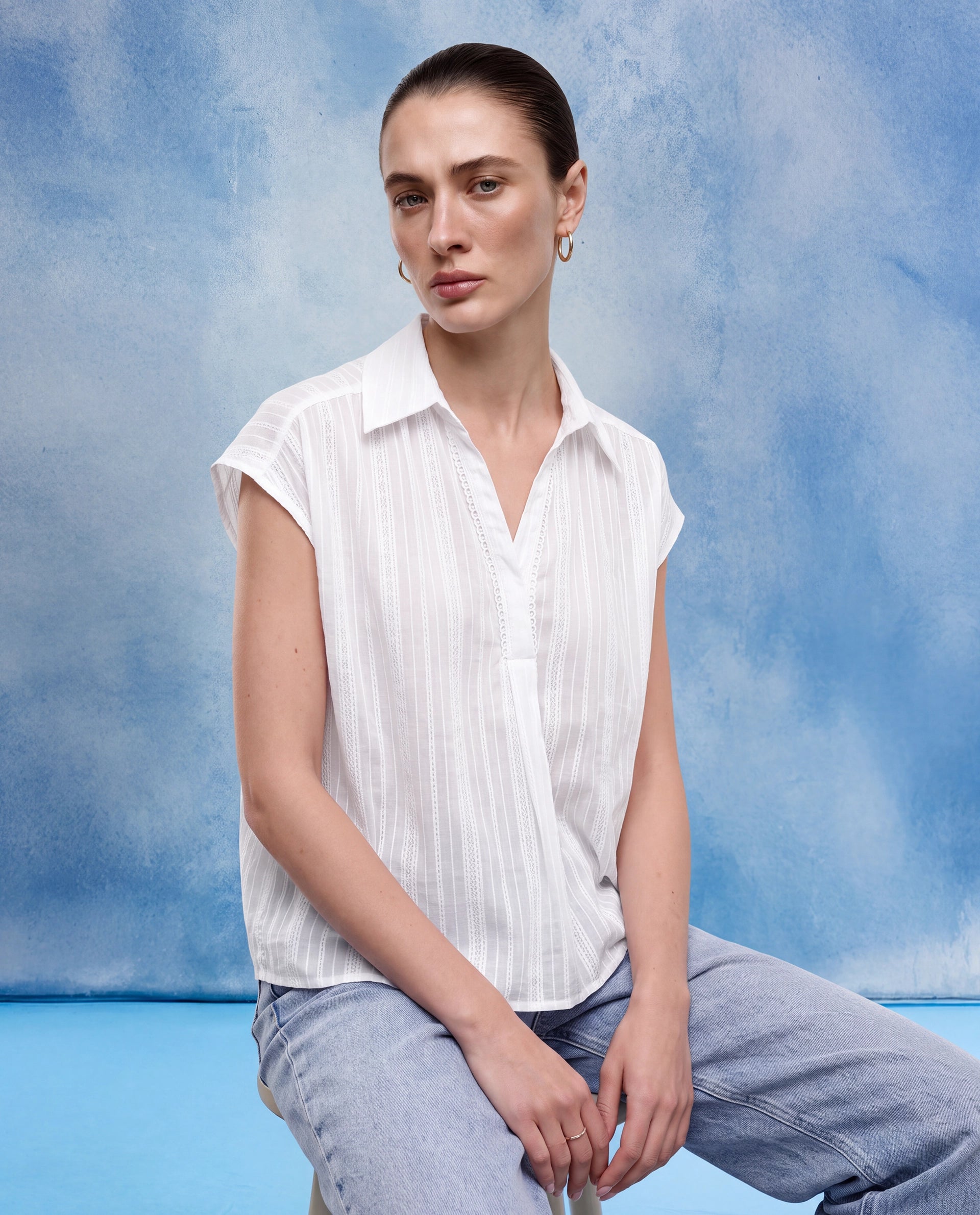 Rareism Women's Koya Off White Cotton Mandarin Collar Regular Plain Top