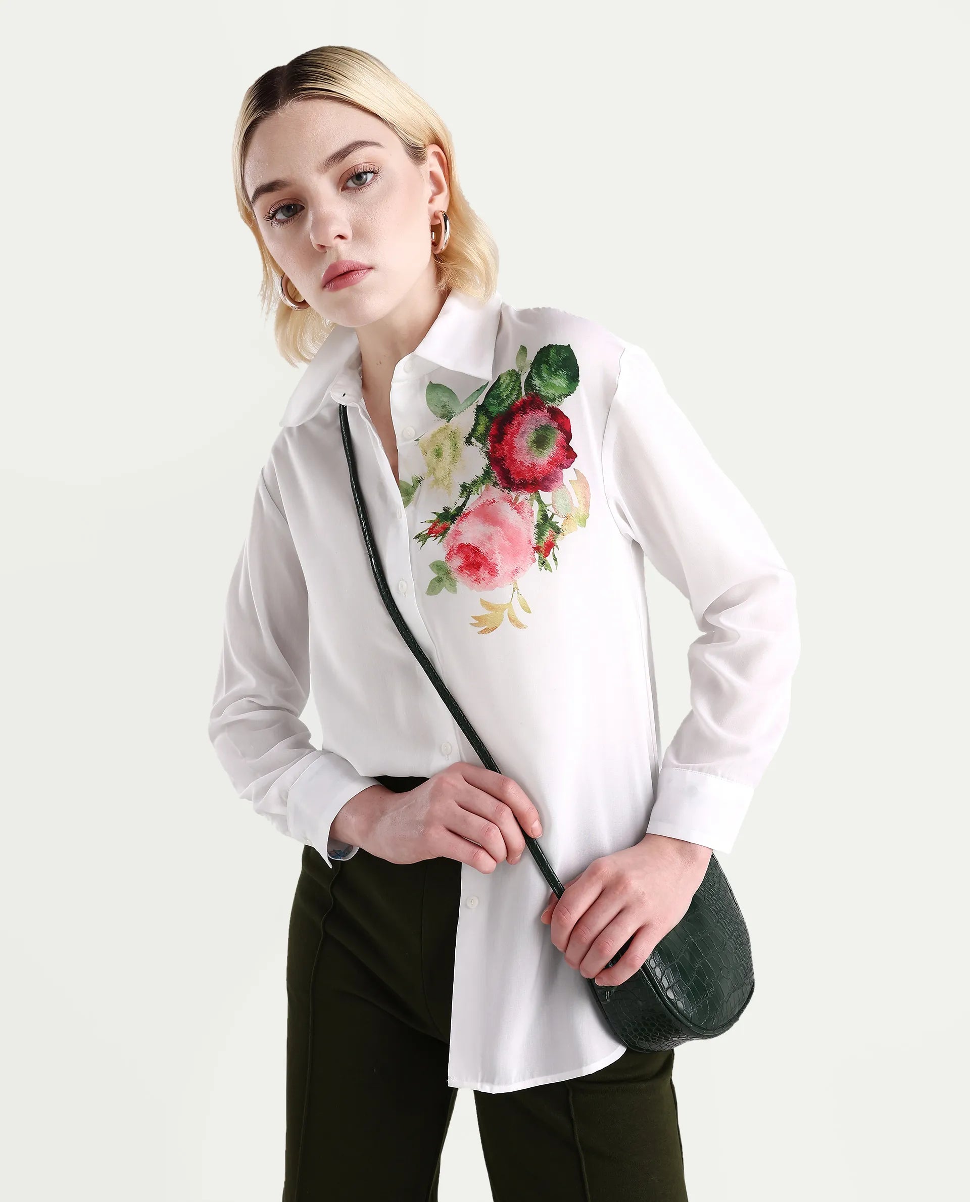 Rareism Women's Kraftt White Polyester Blend Drop Collar Floral Print Cuffed Sleeve Regular Fit Top