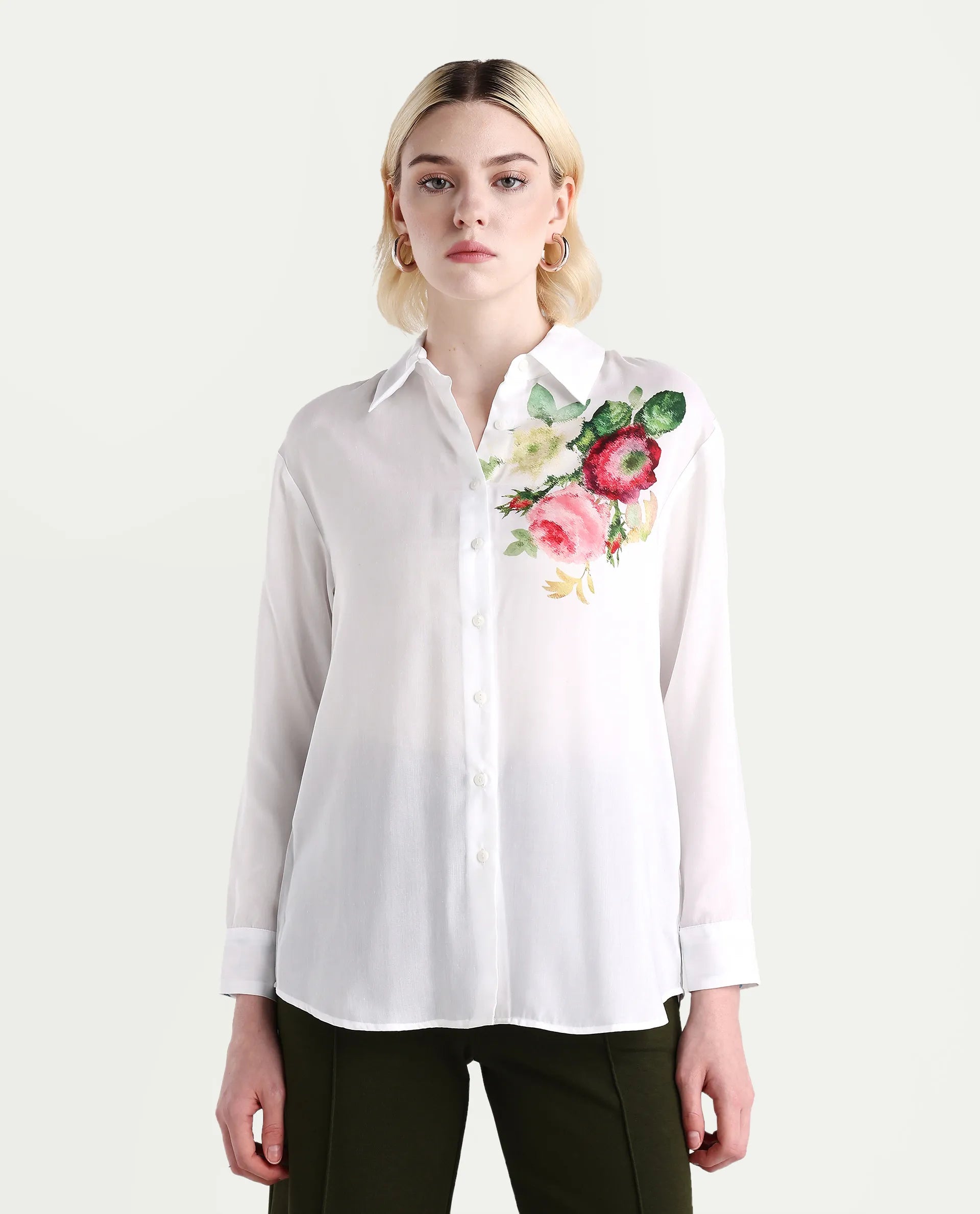 Rareism Women's Kraftt White Polyester Blend Drop Collar Floral Print Cuffed Sleeve Regular Fit Top