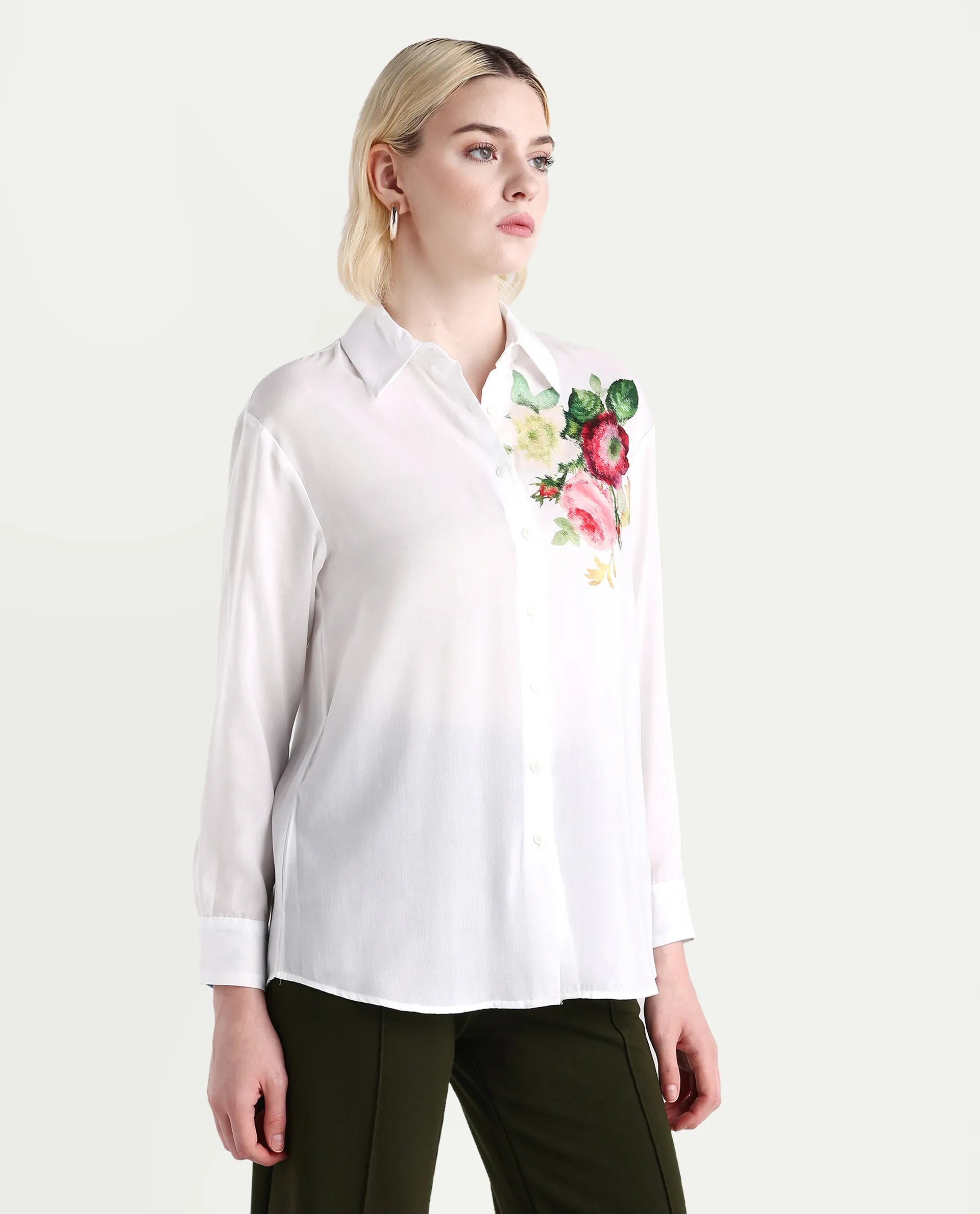 Rareism Women's Kraftt White Polyester Blend Drop Collar Floral Print Cuffed Sleeve Regular Fit Top