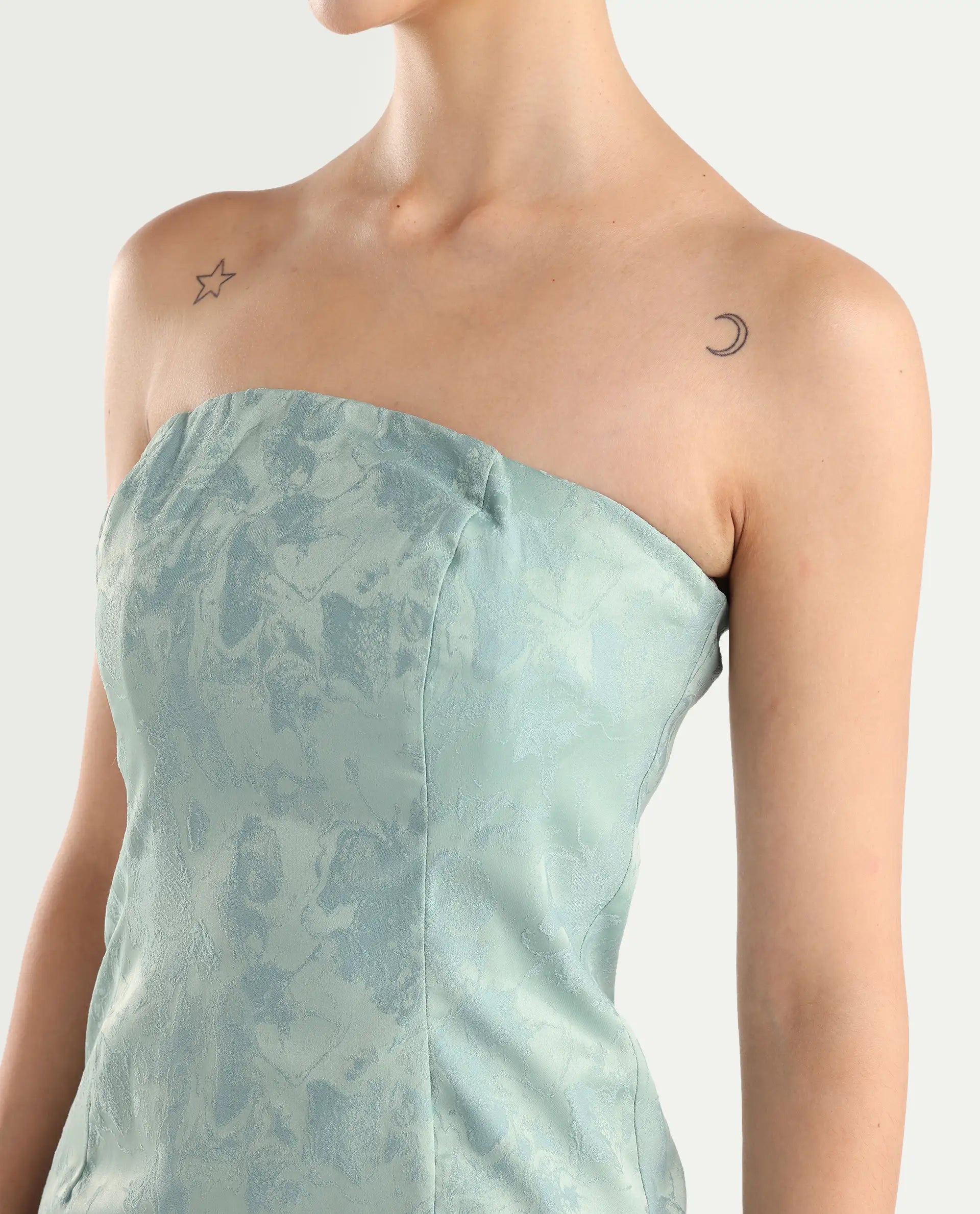 Rareism Women's Krakow Light Blue Polyester Shoulder Strap Plain Sleeveless Knee Length Bodycon Dress