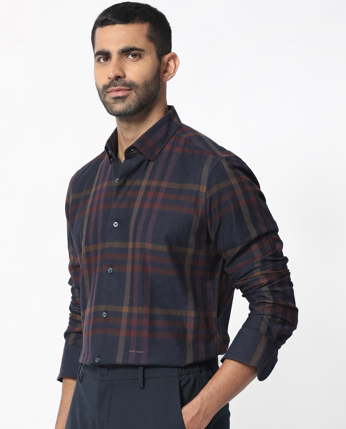 Rare Rabbit Men's Kram Navy Cotton Fabric Full Sleeves Checks Shirt
