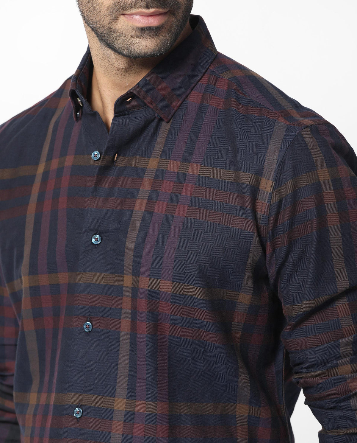 Rare Rabbit Men's Kram Navy Cotton Fabric Full Sleeves Checks Shirt