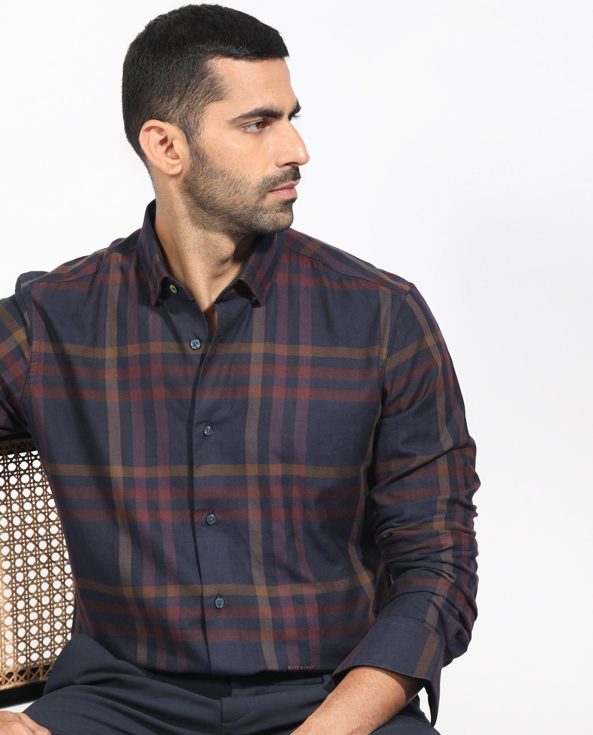Rare Rabbit Men's Kram Navy Cotton Fabric Full Sleeves Checks Shirt