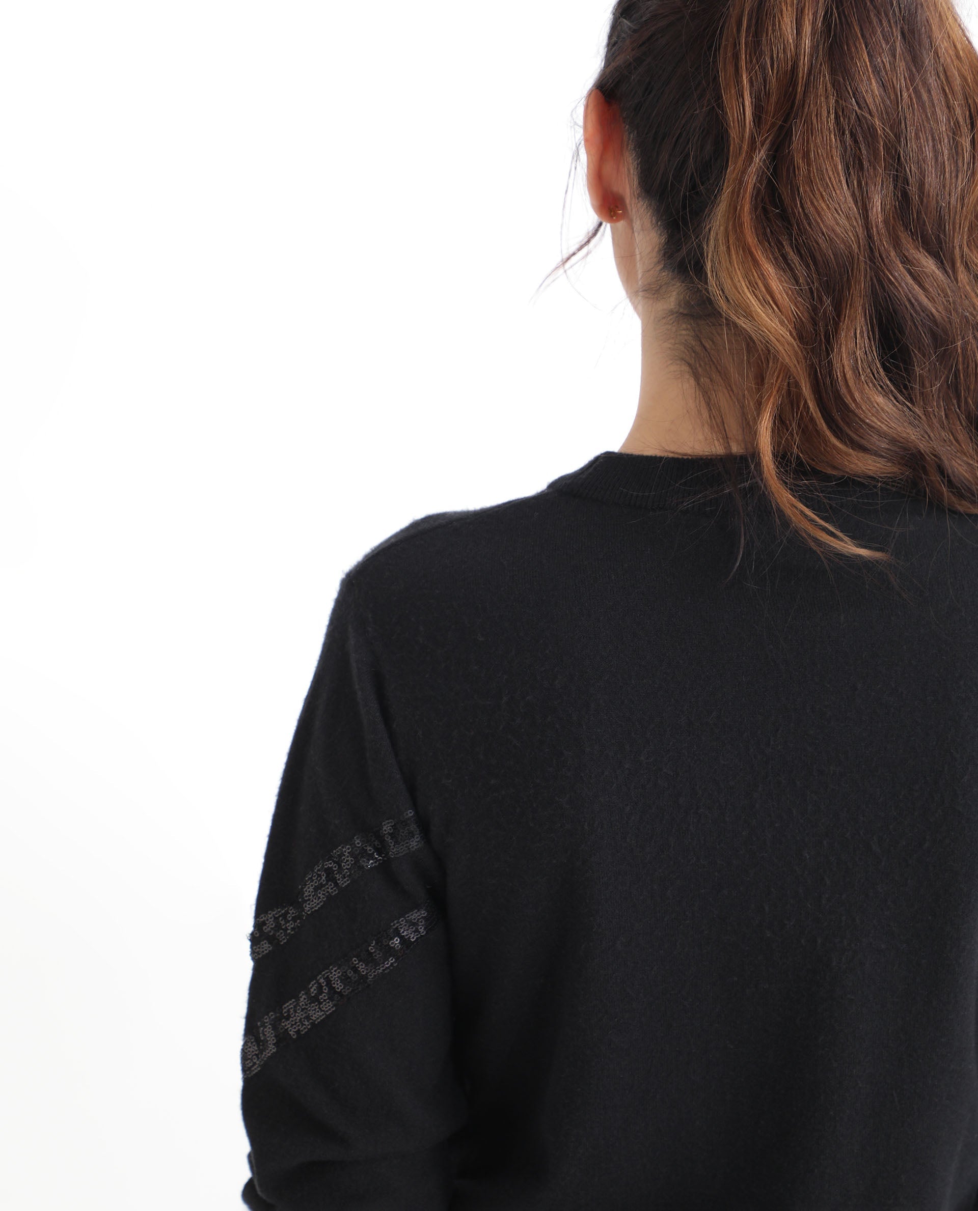 Rareism Women Kran Black Viscose Fabric Full Sleeves Regular Fit Sequined Round Neck Sweater