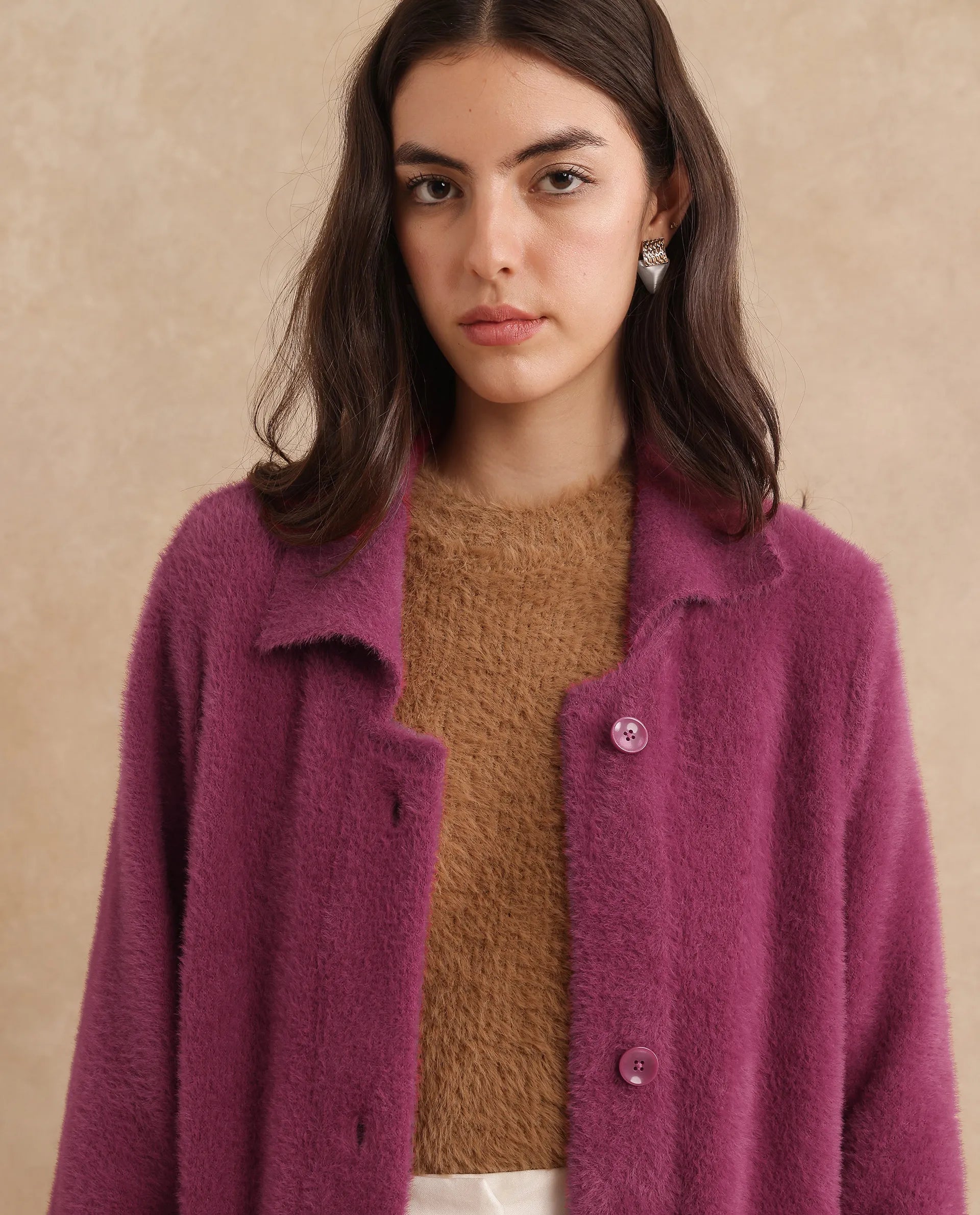 Rareism Women Krataz Dusky Maroon Cuffed Sleeve Collared Neck Button Closure Knee Length Plain Jacket