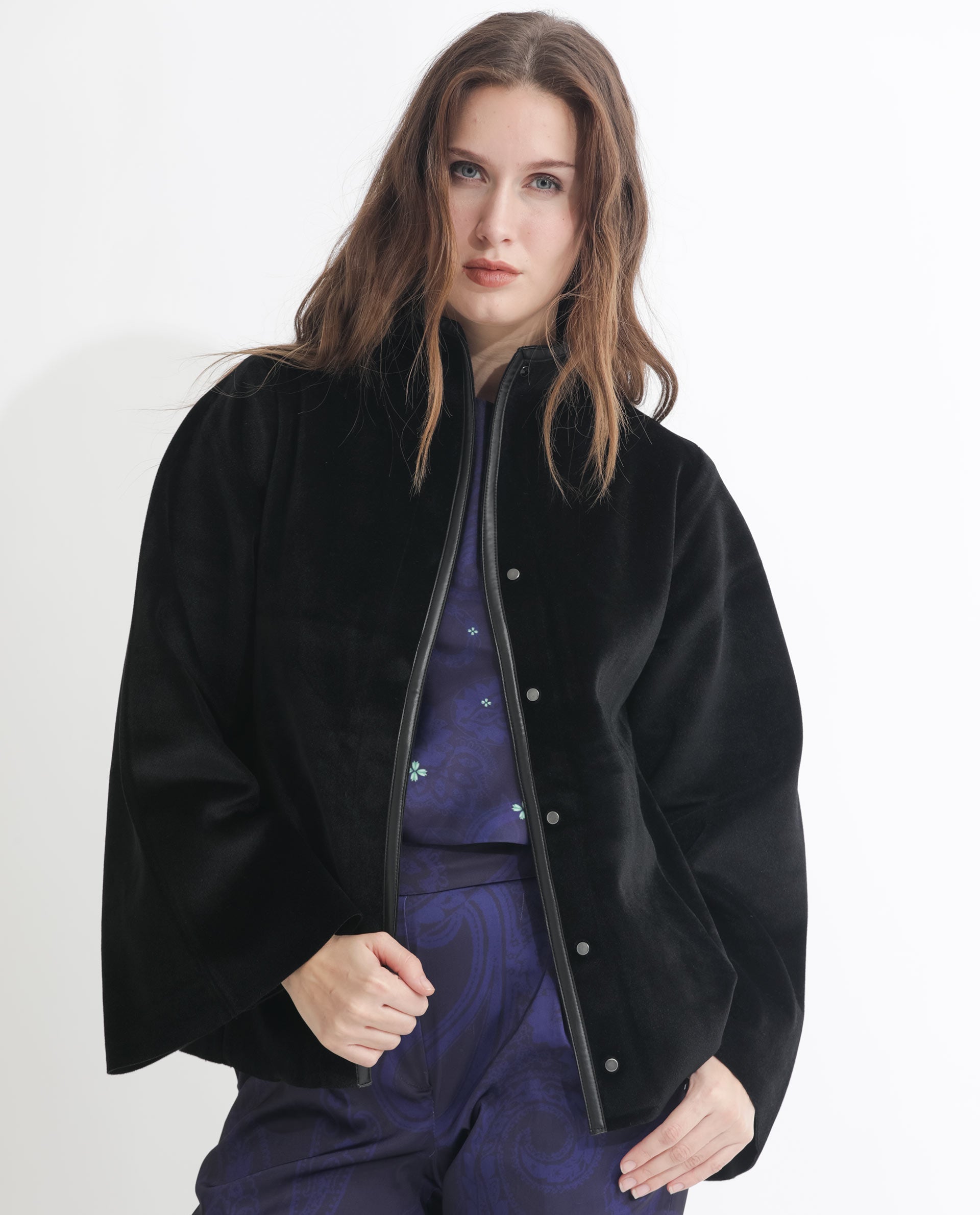 Rareism Women Kraus Black Polyester Fabric Full Sleeves Solid High Neck Jacket