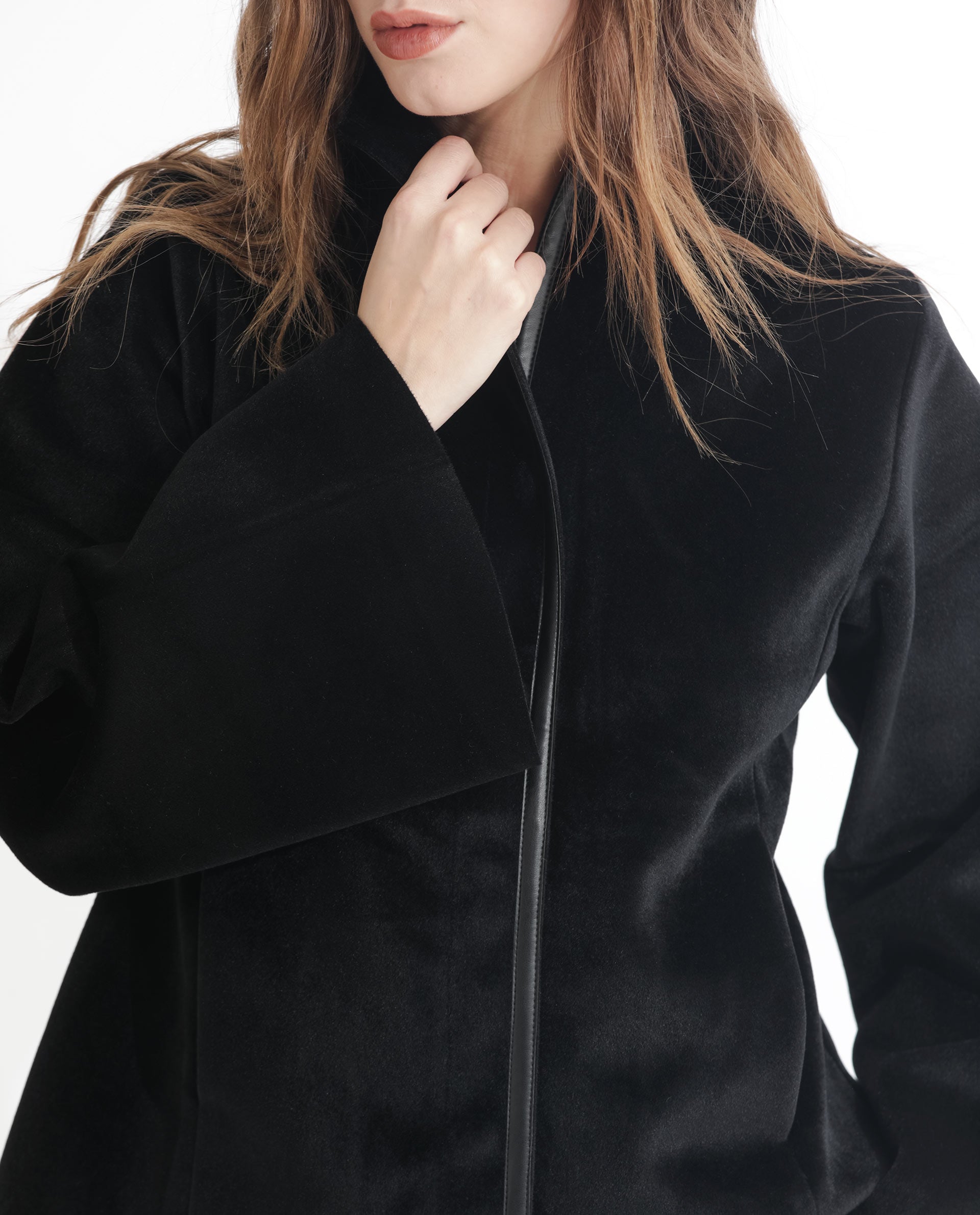 Rareism Women Kraus Black Polyester Fabric Full Sleeves Solid High Neck Jacket