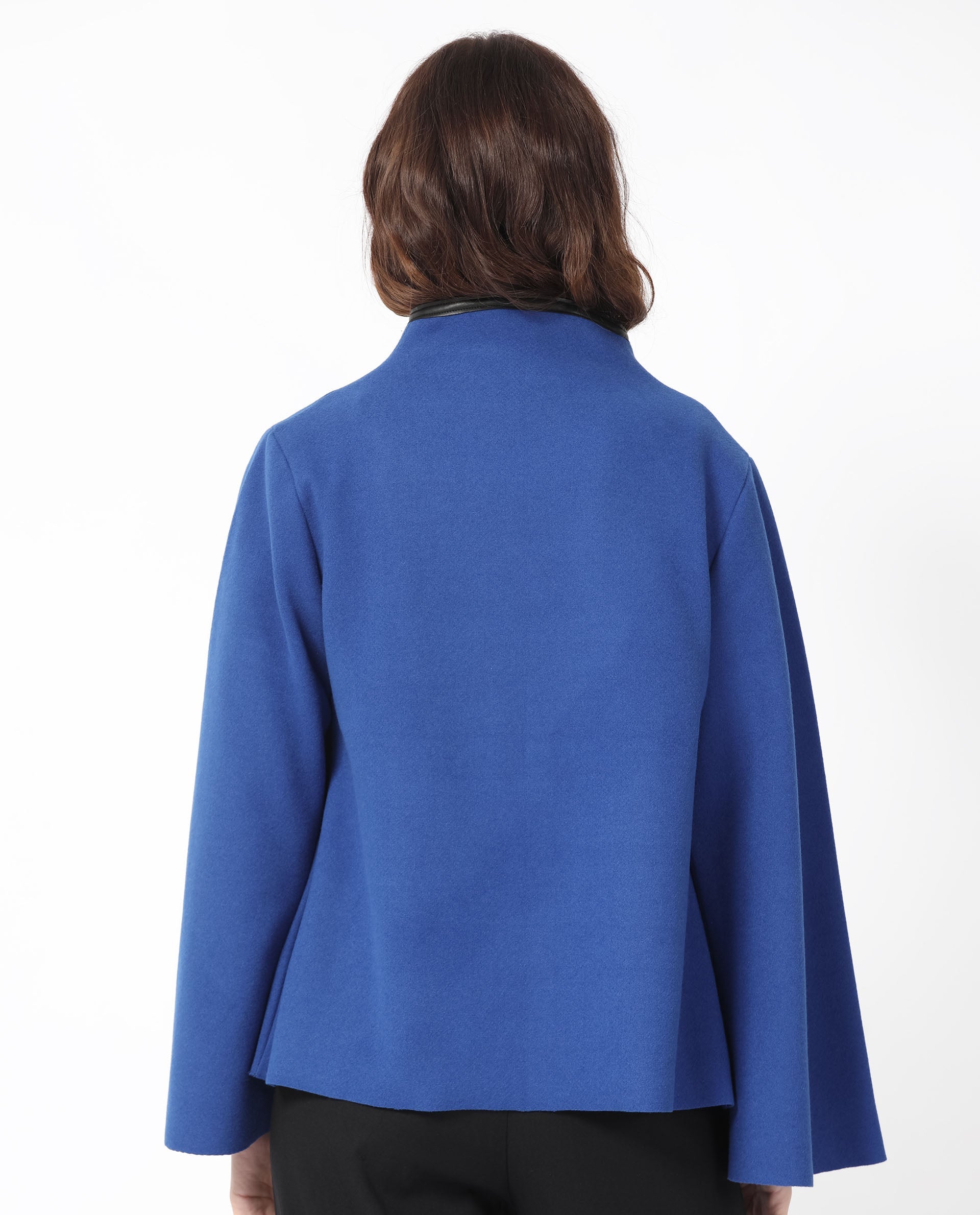 Rareism Women Kraus Blue Polyester Fabric Full Sleeves Solid High Neck Jacket