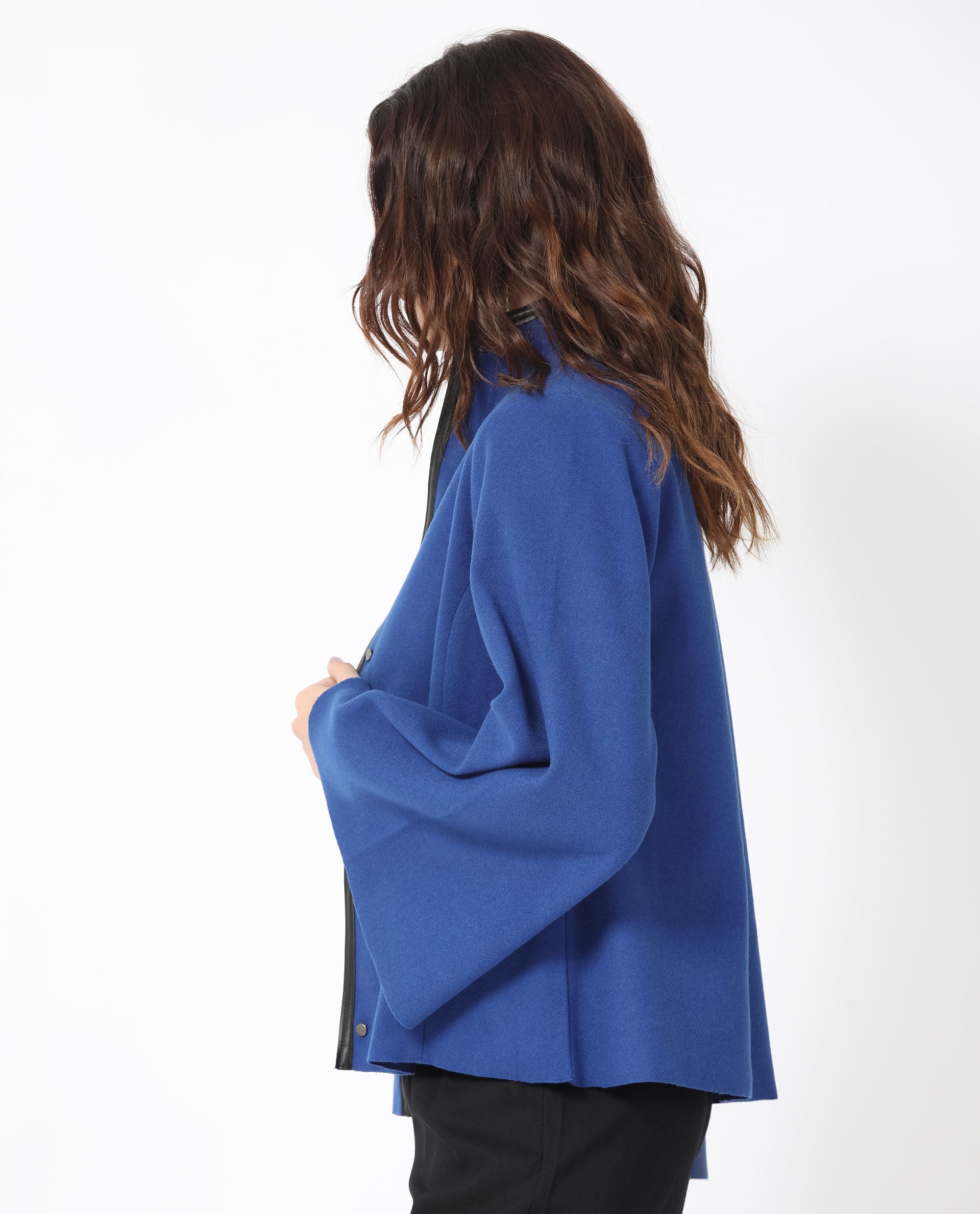 Rareism Women Kraus Blue Polyester Fabric Full Sleeves Solid High Neck Jacket