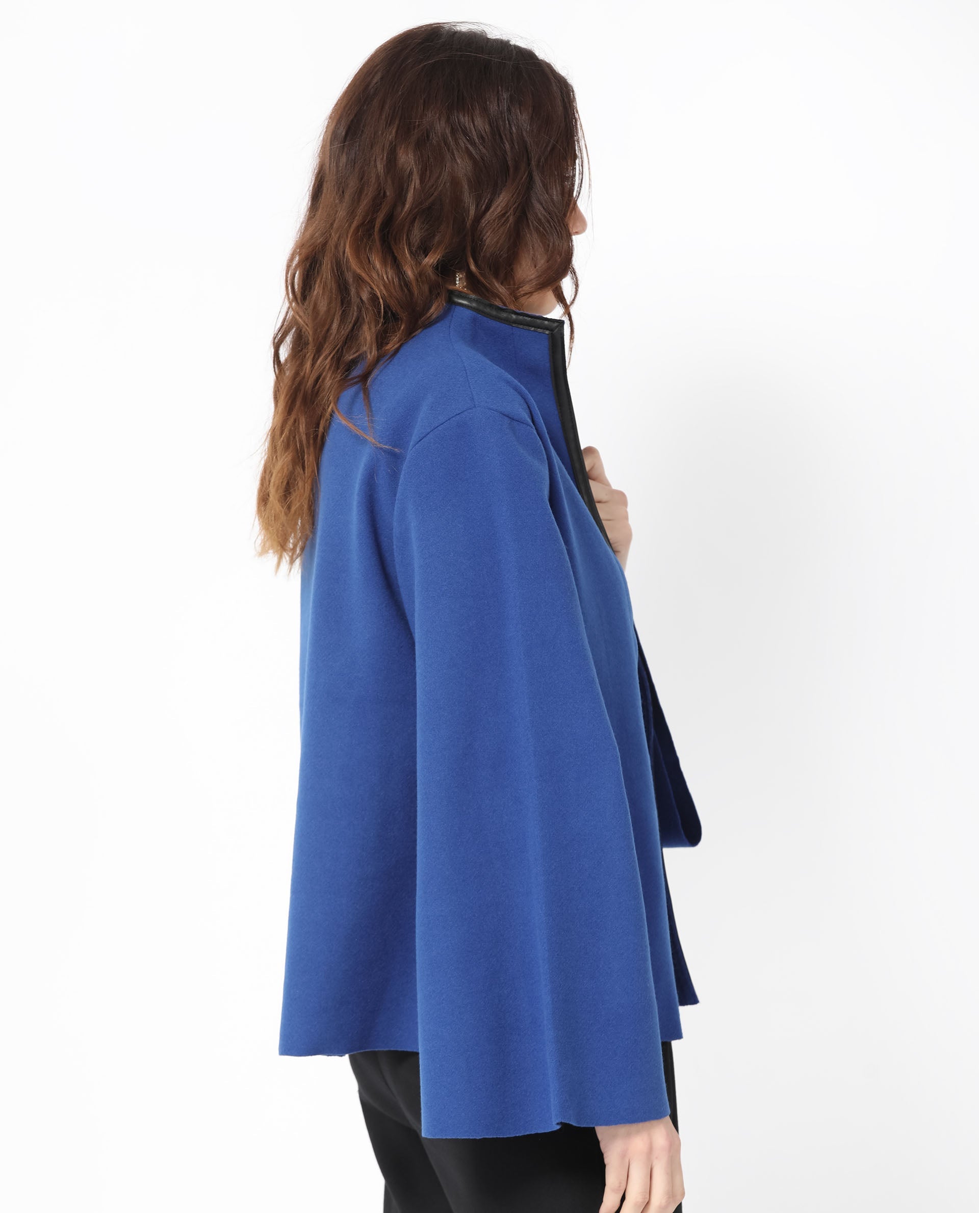 Rareism Women Kraus Blue Polyester Fabric Full Sleeves Solid High Neck Jacket