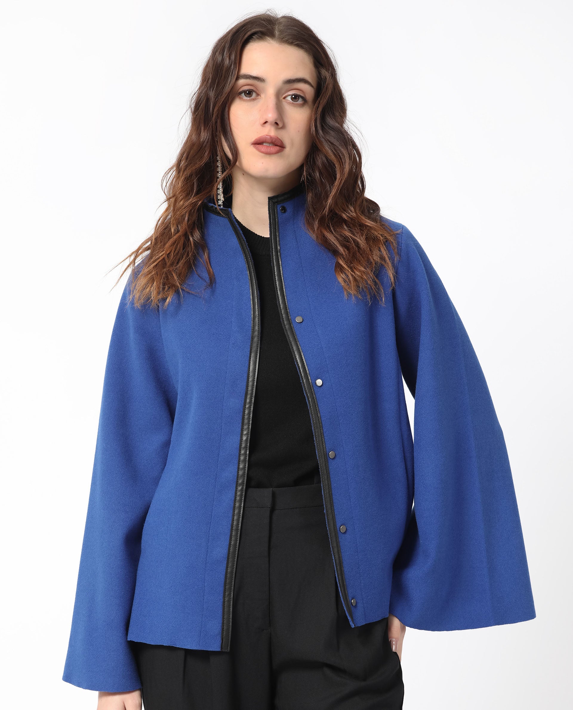 Rareism Women Kraus Blue Polyester Fabric Full Sleeves Solid High Neck Jacket
