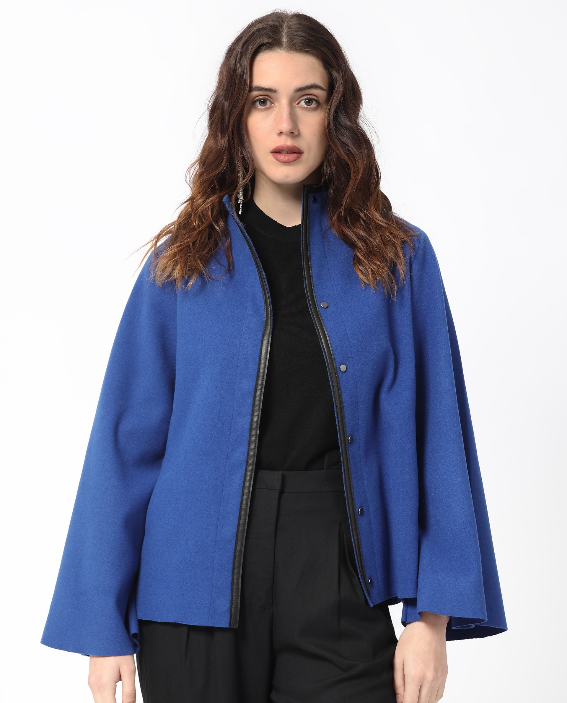 Rareism Women Kraus Blue Polyester Fabric Full Sleeves Solid High Neck Jacket