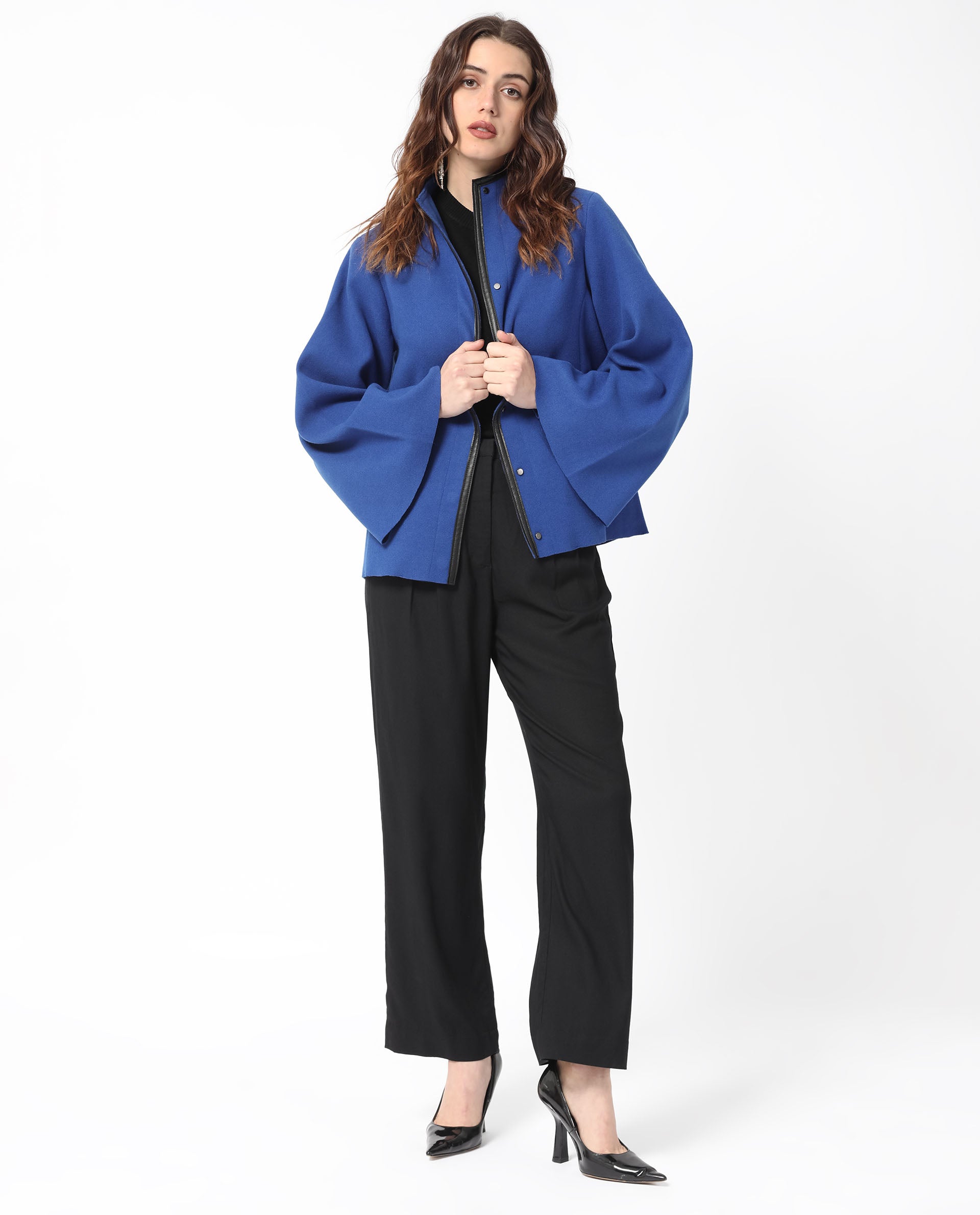 Rareism Women Kraus Blue Polyester Fabric Full Sleeves Solid High Neck Jacket
