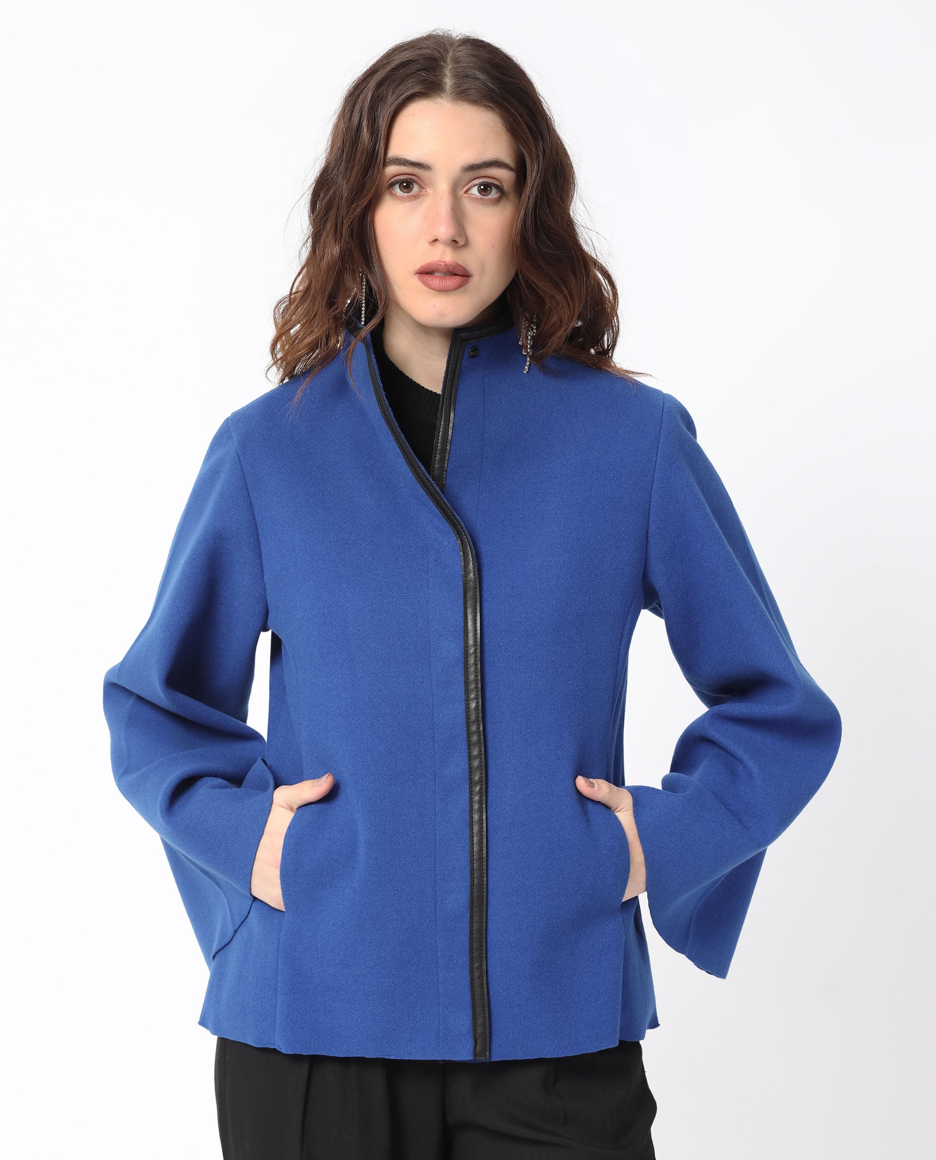 Rareism Women Kraus Blue Polyester Fabric Full Sleeves Solid High Neck Jacket