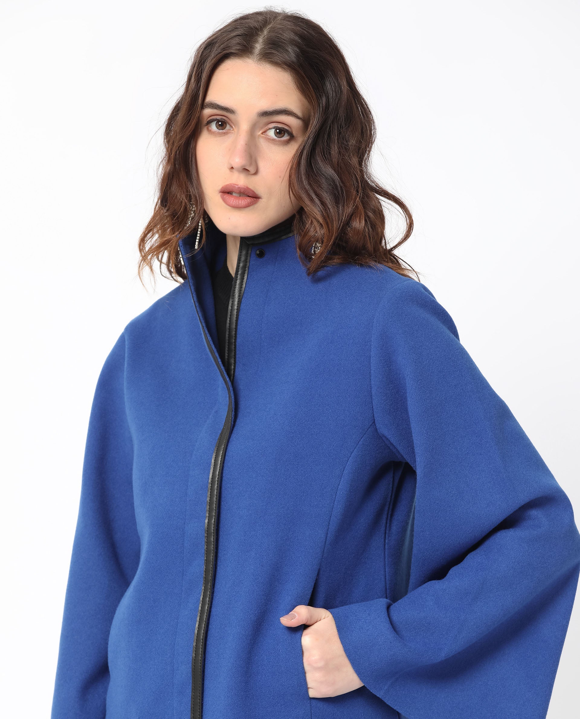 Rareism Women Kraus Blue Polyester Fabric Full Sleeves Solid High Neck Jacket