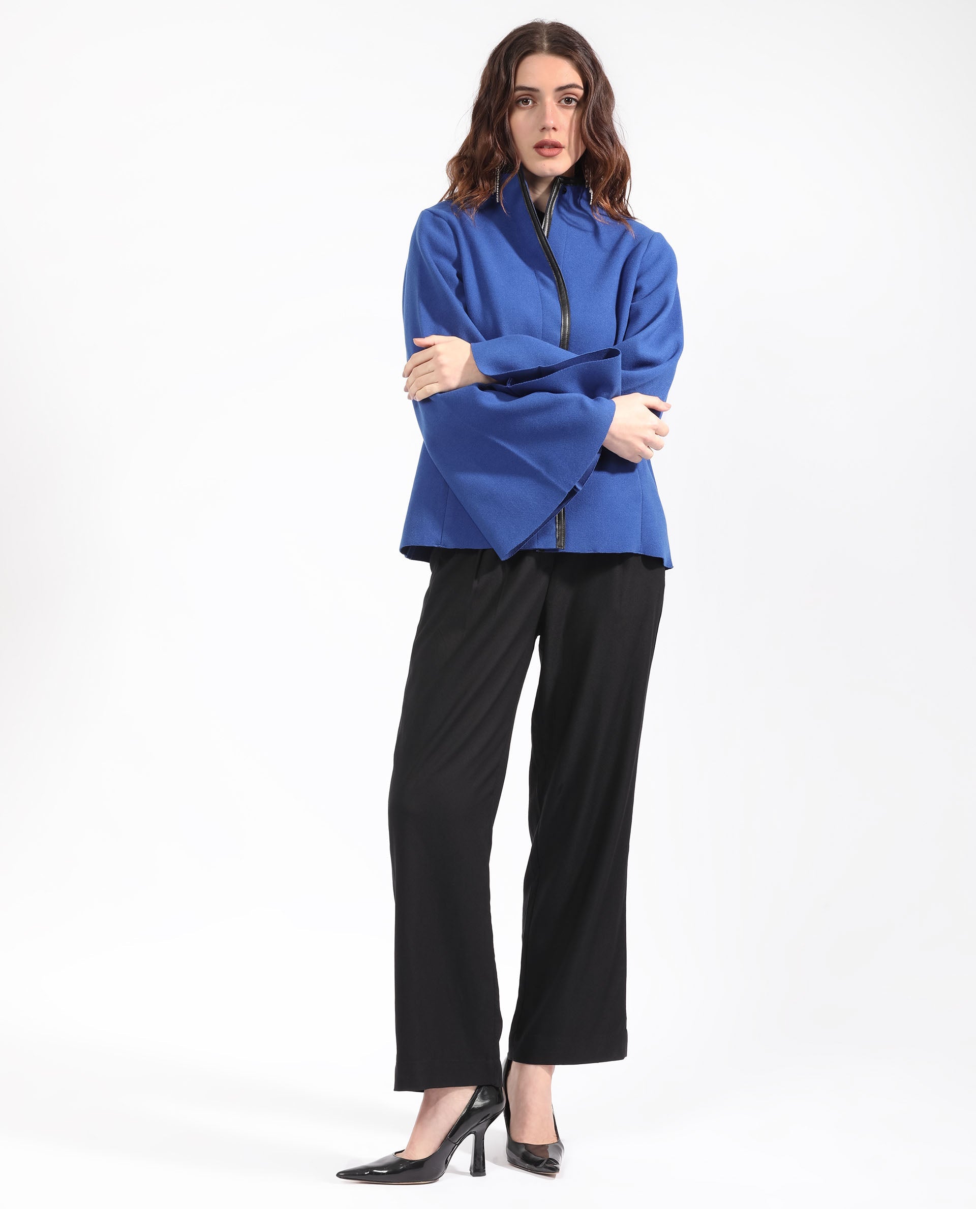 Rareism Women Kraus Blue Polyester Fabric Full Sleeves Solid High Neck Jacket