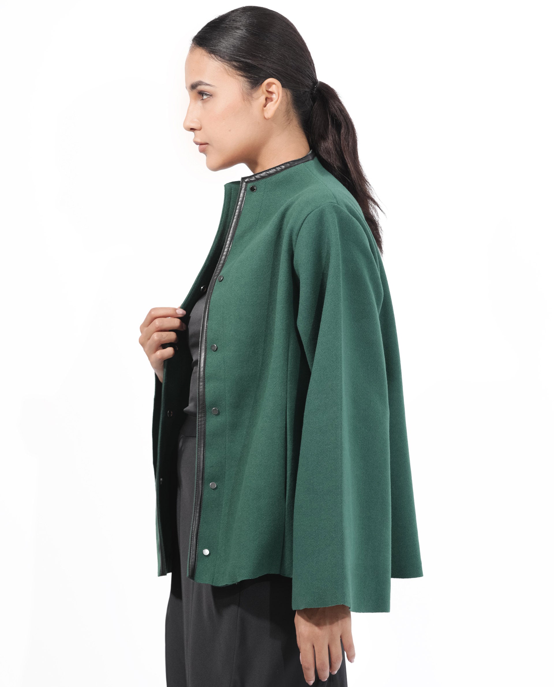 Rareism Women Kraus Green Polyester Fabric Full Sleeves Zip Closure High Neck Bell Sleeve Regular Fit Plain Jacket