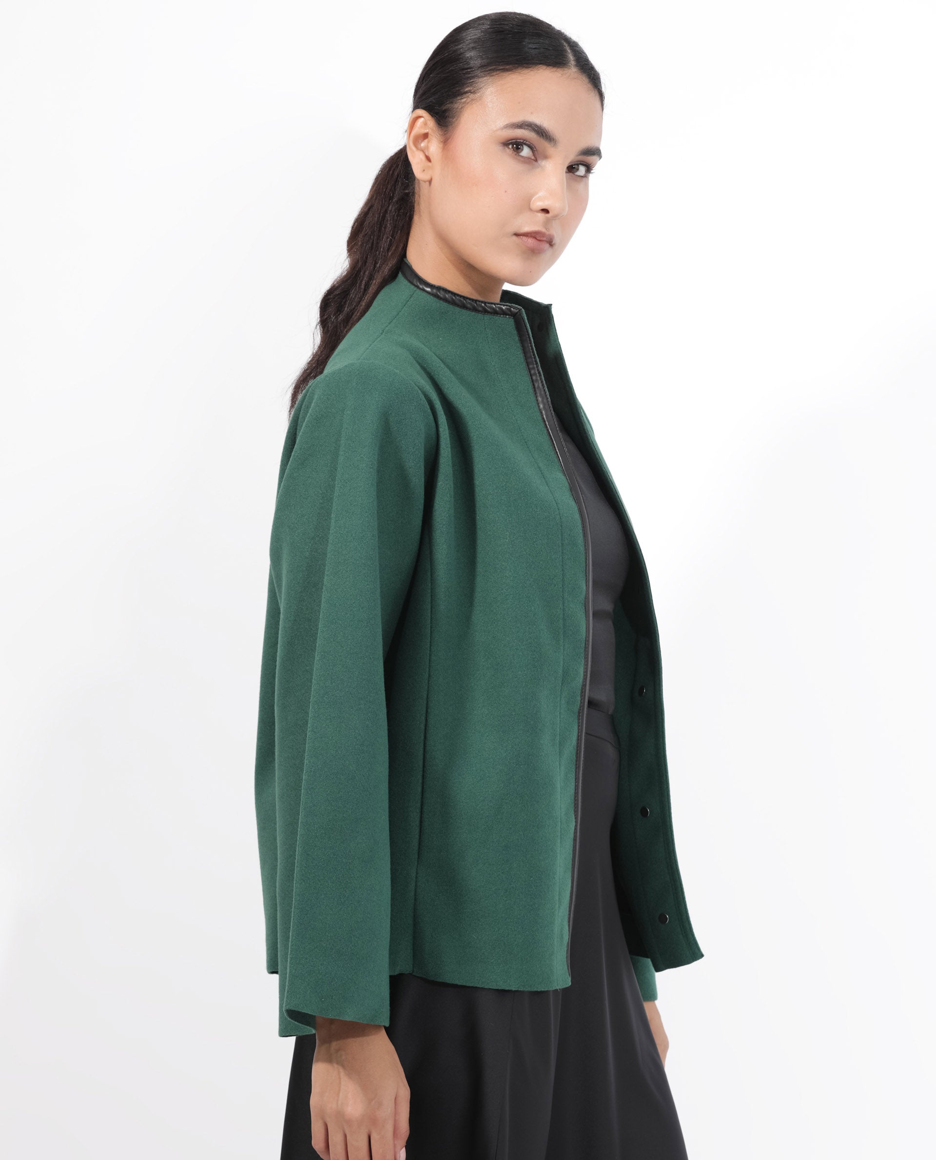 Rareism Women Kraus Green Polyester Fabric Full Sleeves Zip Closure High Neck Bell Sleeve Regular Fit Plain Jacket
