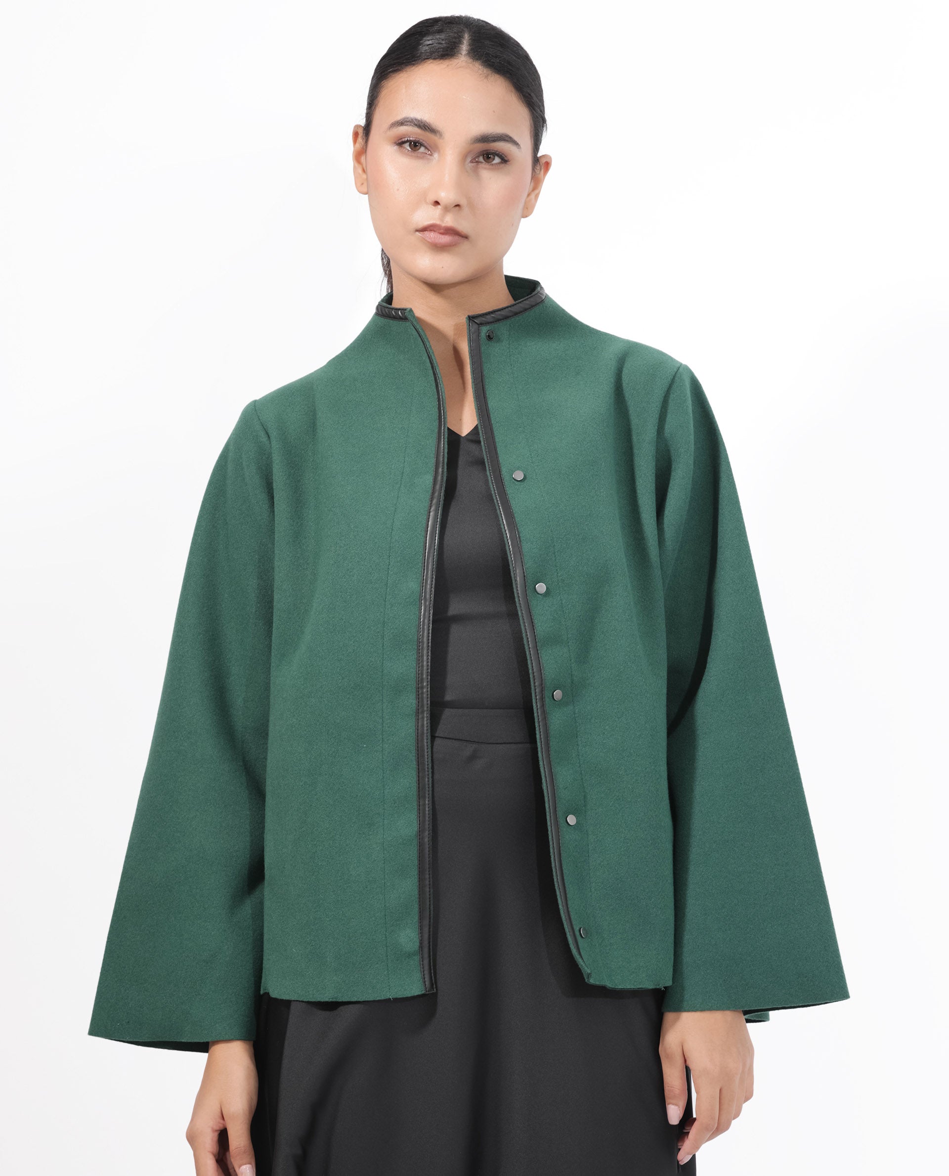 Rareism Women Kraus Green Polyester Fabric Full Sleeves Zip Closure High Neck Bell Sleeve Regular Fit Plain Jacket