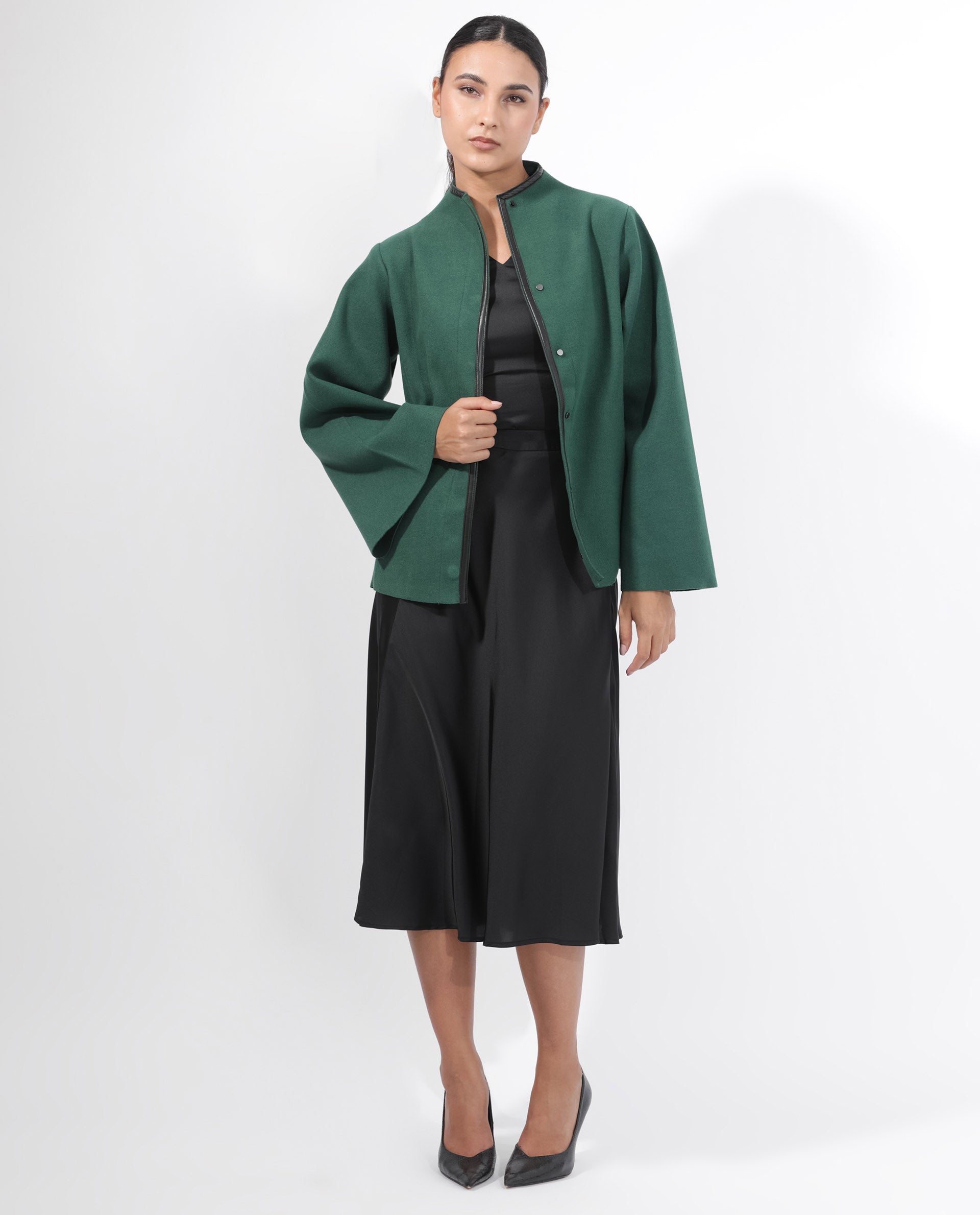 Rareism Women Kraus Green Polyester Fabric Full Sleeves Zip Closure High Neck Bell Sleeve Regular Fit Plain Jacket