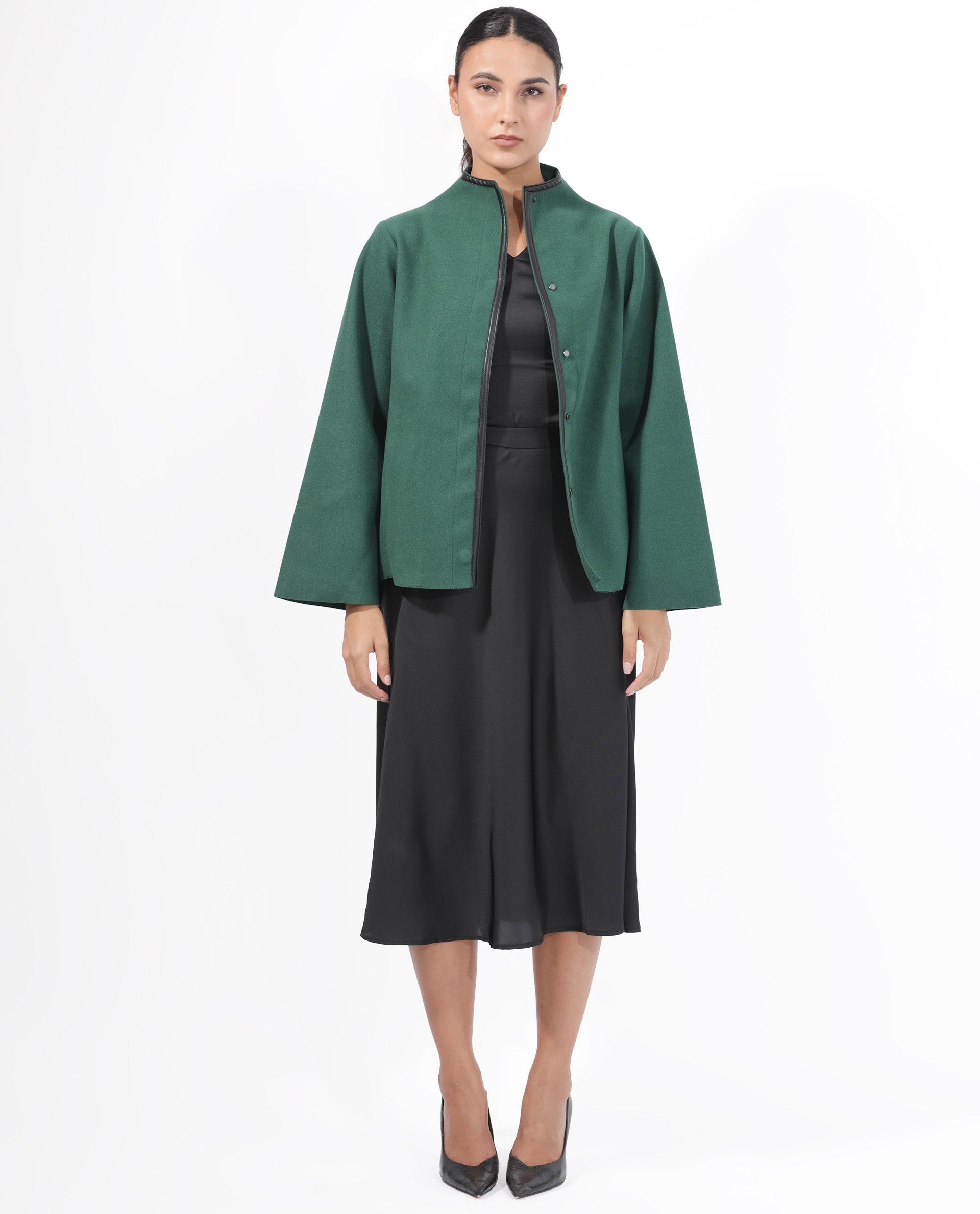 Rareism Women Kraus Green Polyester Fabric Full Sleeves Zip Closure High Neck Bell Sleeve Regular Fit Plain Jacket