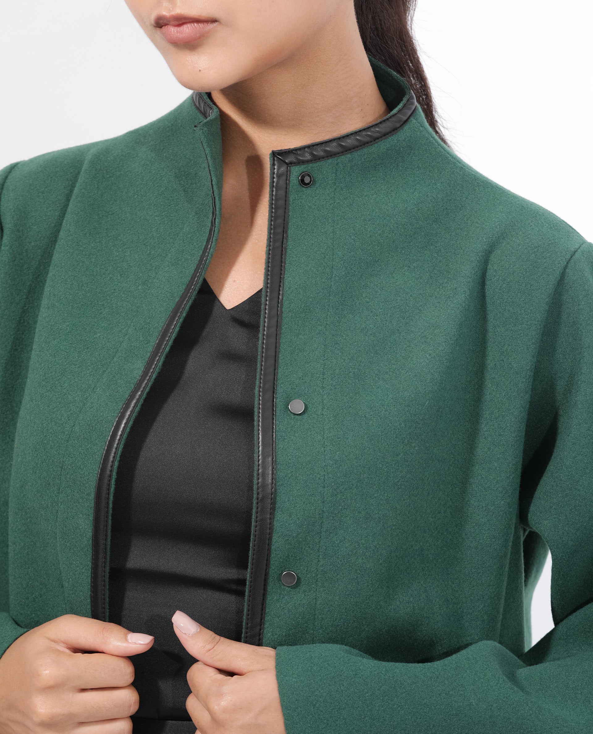 Rareism Women Kraus Green Polyester Fabric Full Sleeves Zip Closure High Neck Bell Sleeve Regular Fit Plain Jacket