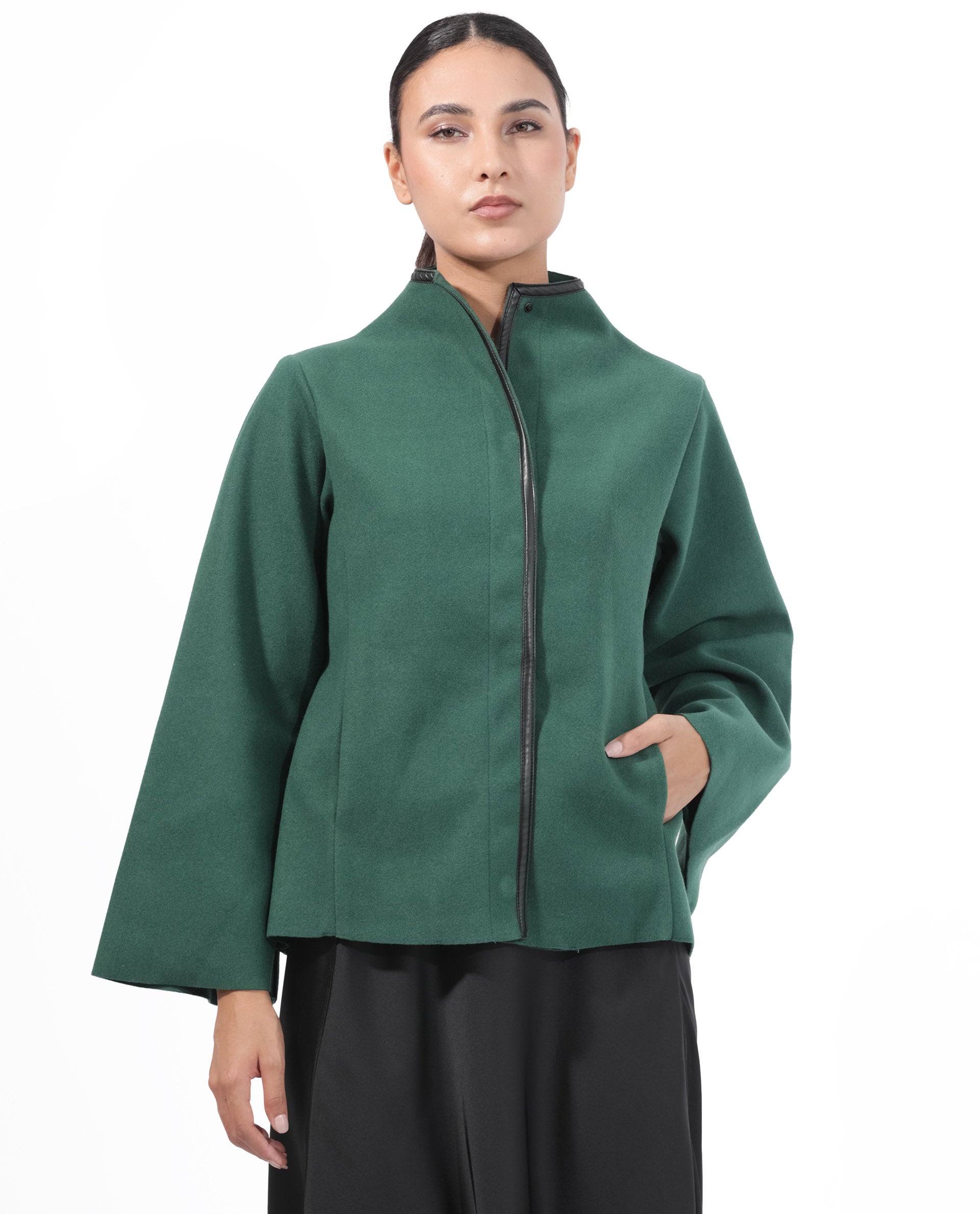 Rareism Women Kraus Green Polyester Fabric Full Sleeves Zip Closure High Neck Bell Sleeve Regular Fit Plain Jacket