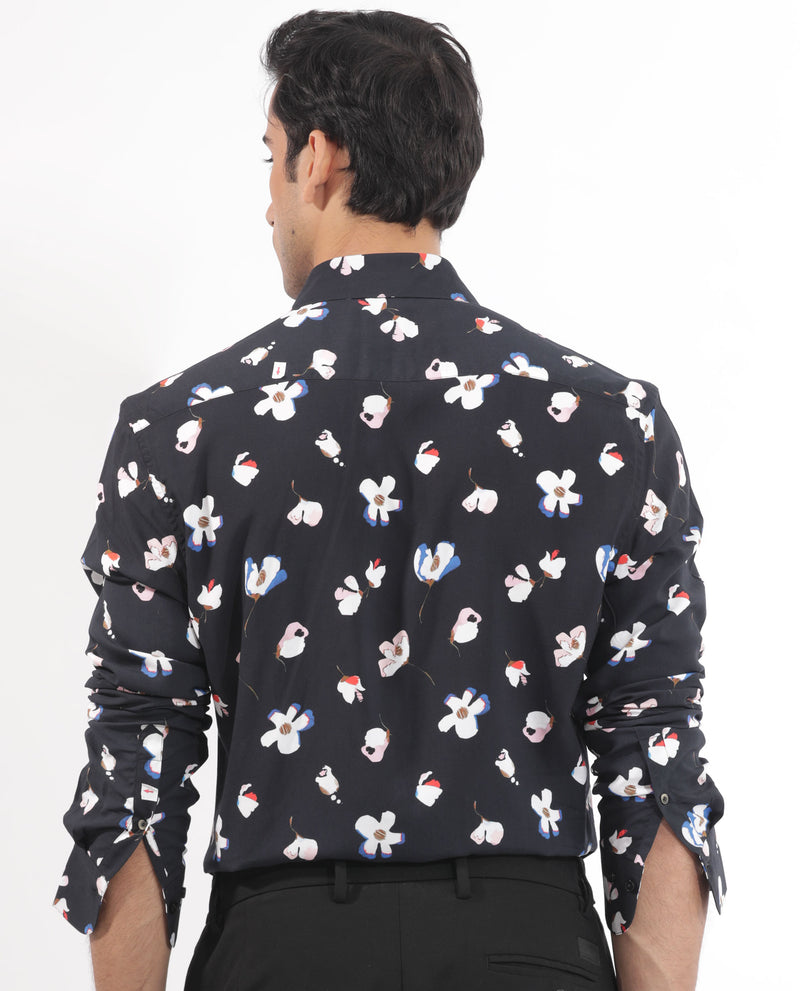 Rare Rabbit Mens Kraz Black Cotton Blend Full Sleeve Floral Print Shirt