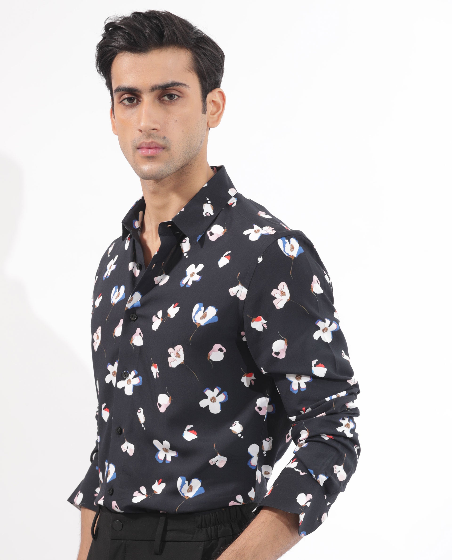 Rare Rabbit Mens Kraz Black Cotton Blend Full Sleeve Floral Print Shirt