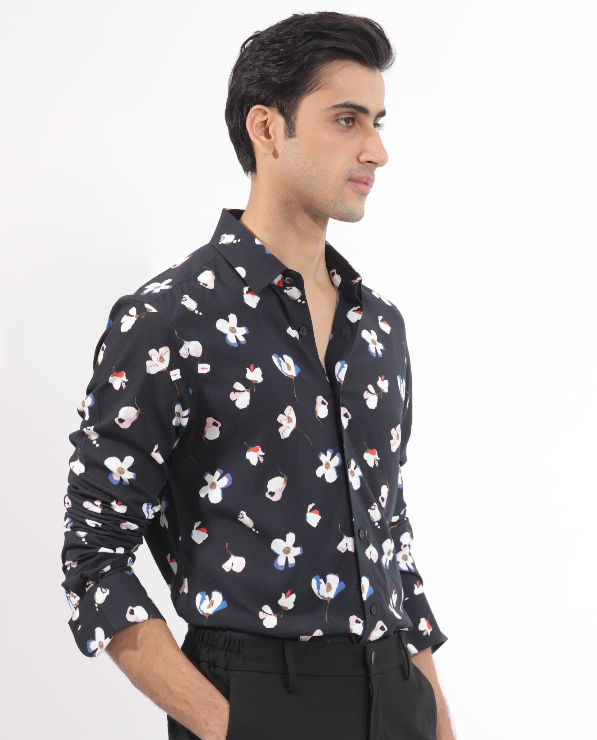 Rare Rabbit Mens Kraz Black Cotton Blend Full Sleeve Floral Print Shirt