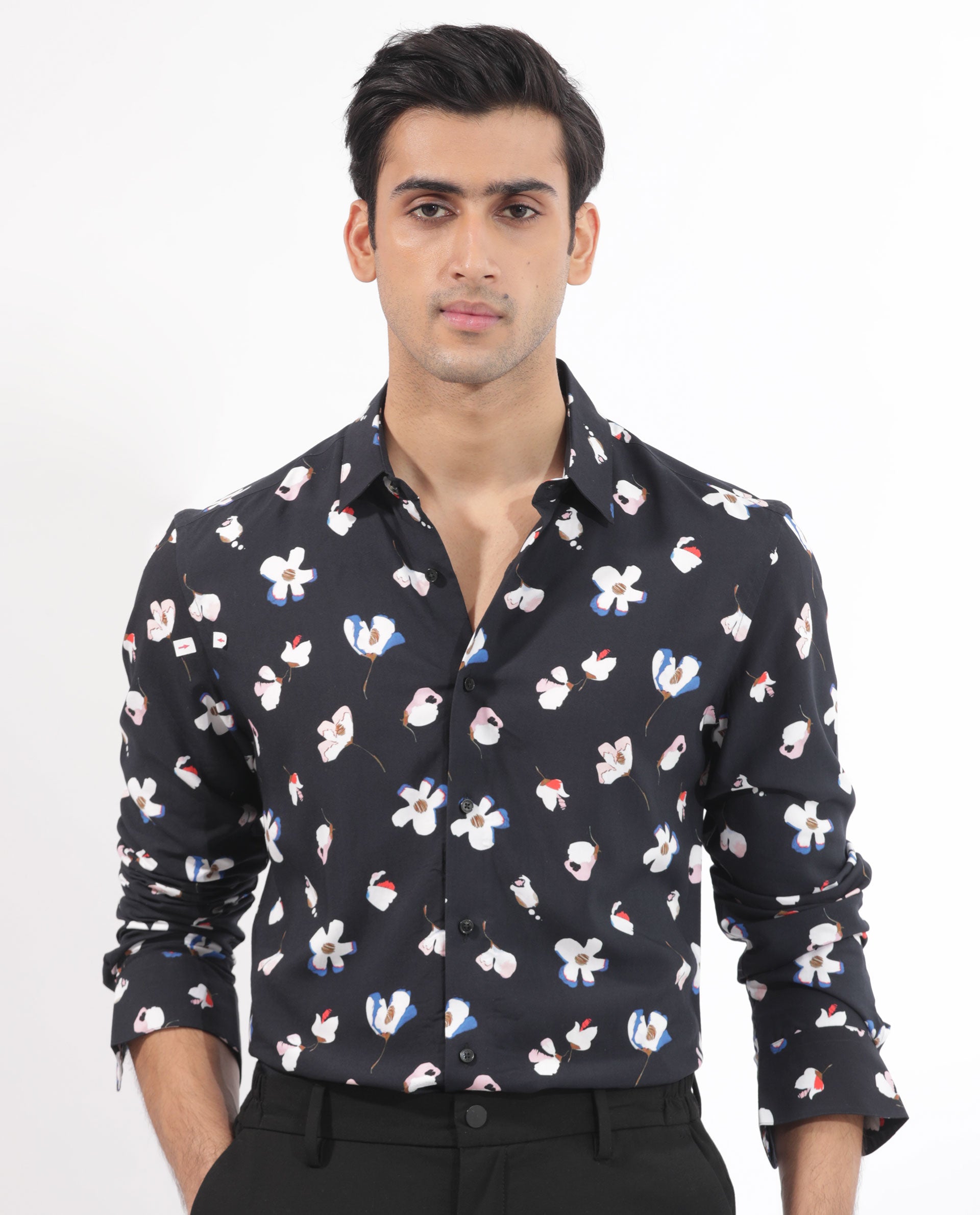 Rare Rabbit Mens Kraz Black Cotton Blend Full Sleeve Floral Print Shirt