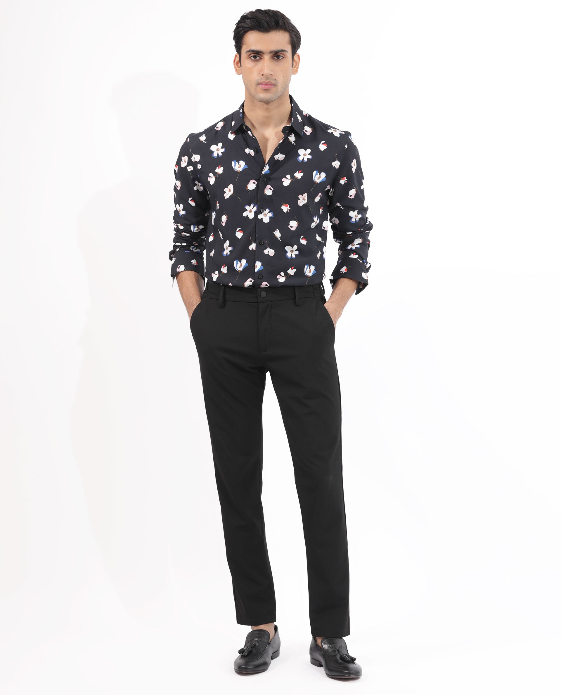 Rare Rabbit Mens Kraz Black Cotton Blend Full Sleeve Floral Print Shirt