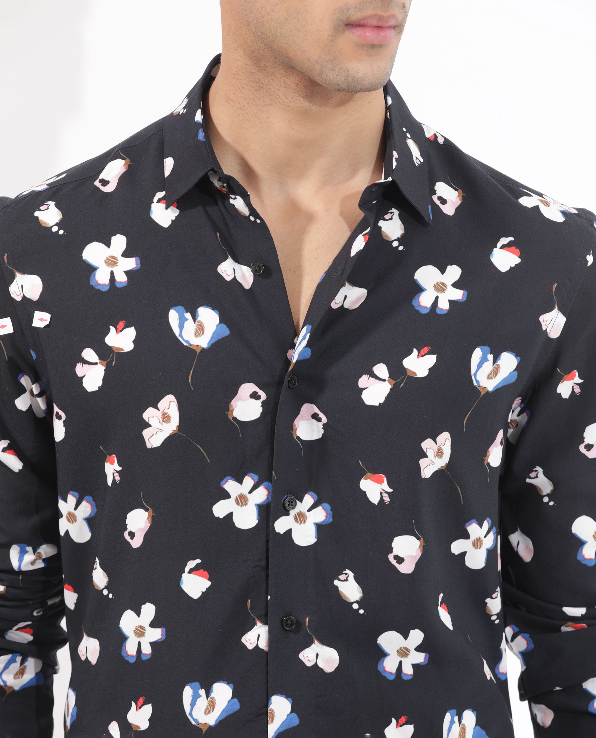 Rare Rabbit Mens Kraz Black Cotton Blend Full Sleeve Floral Print Shirt