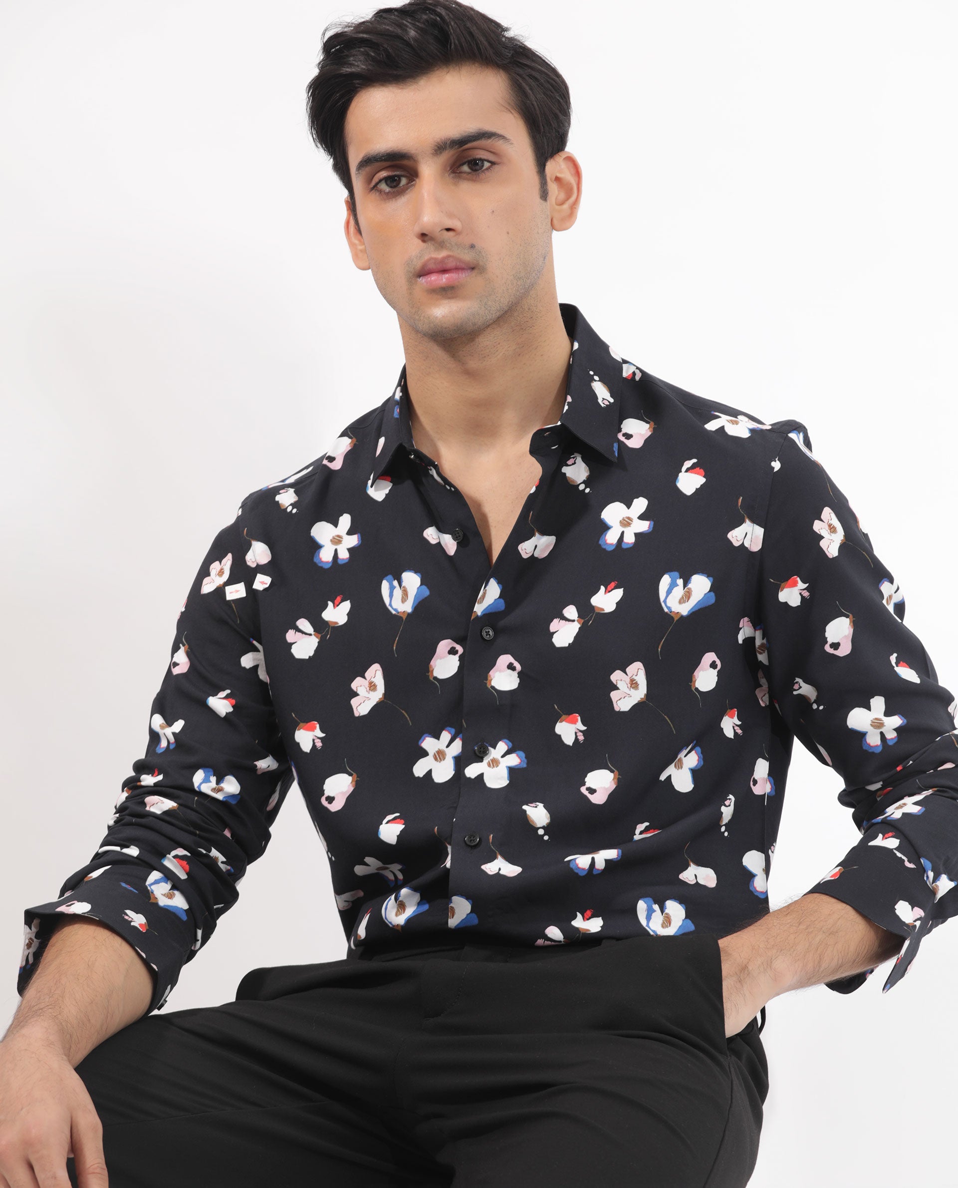 Rare Rabbit Men's Kraz Black Cotton Floral Print Regular Fit Full Sleeve Collared Shirt