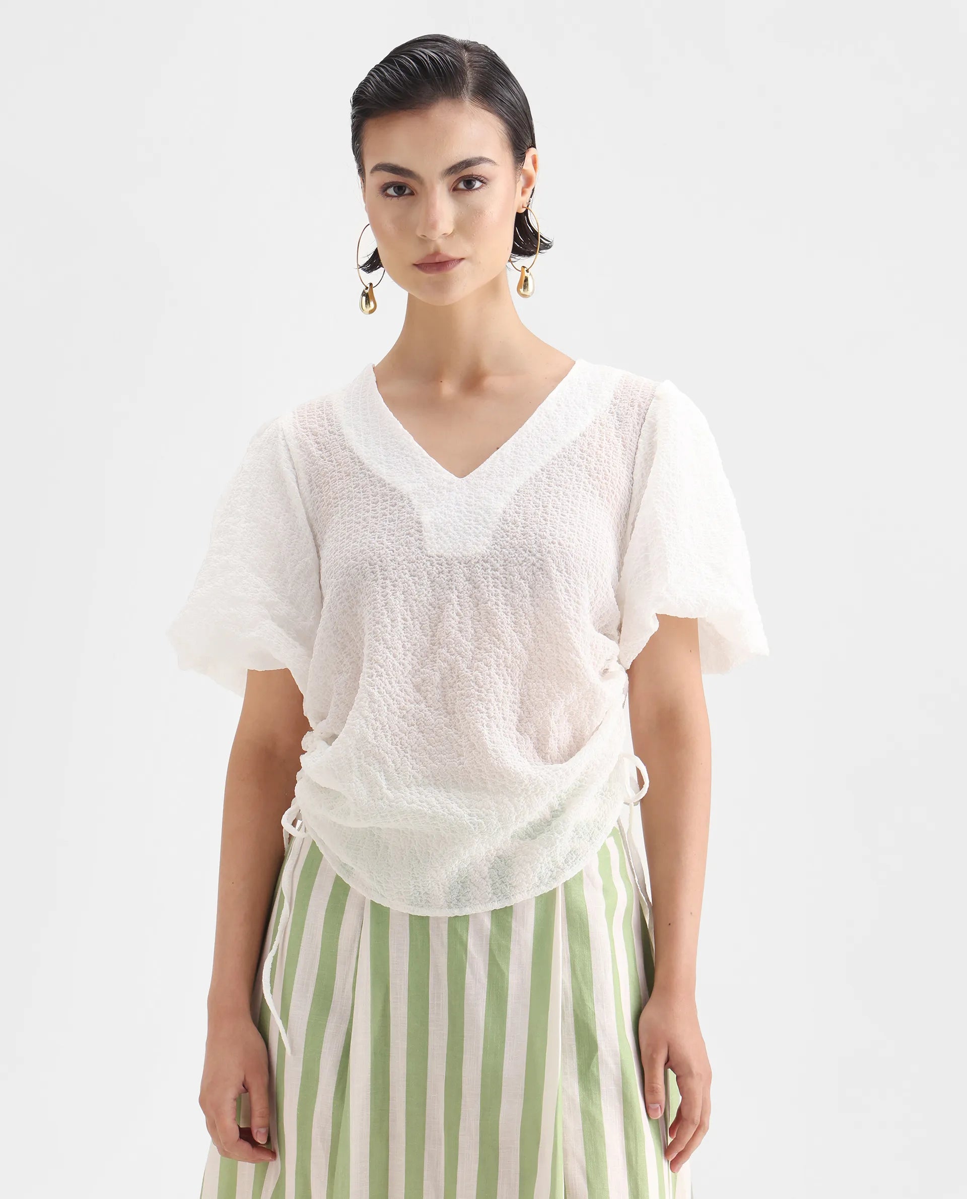 Rareism Women's Krien White Polyester V-Neck Plain Balloon Sleeve Regular Fit Top