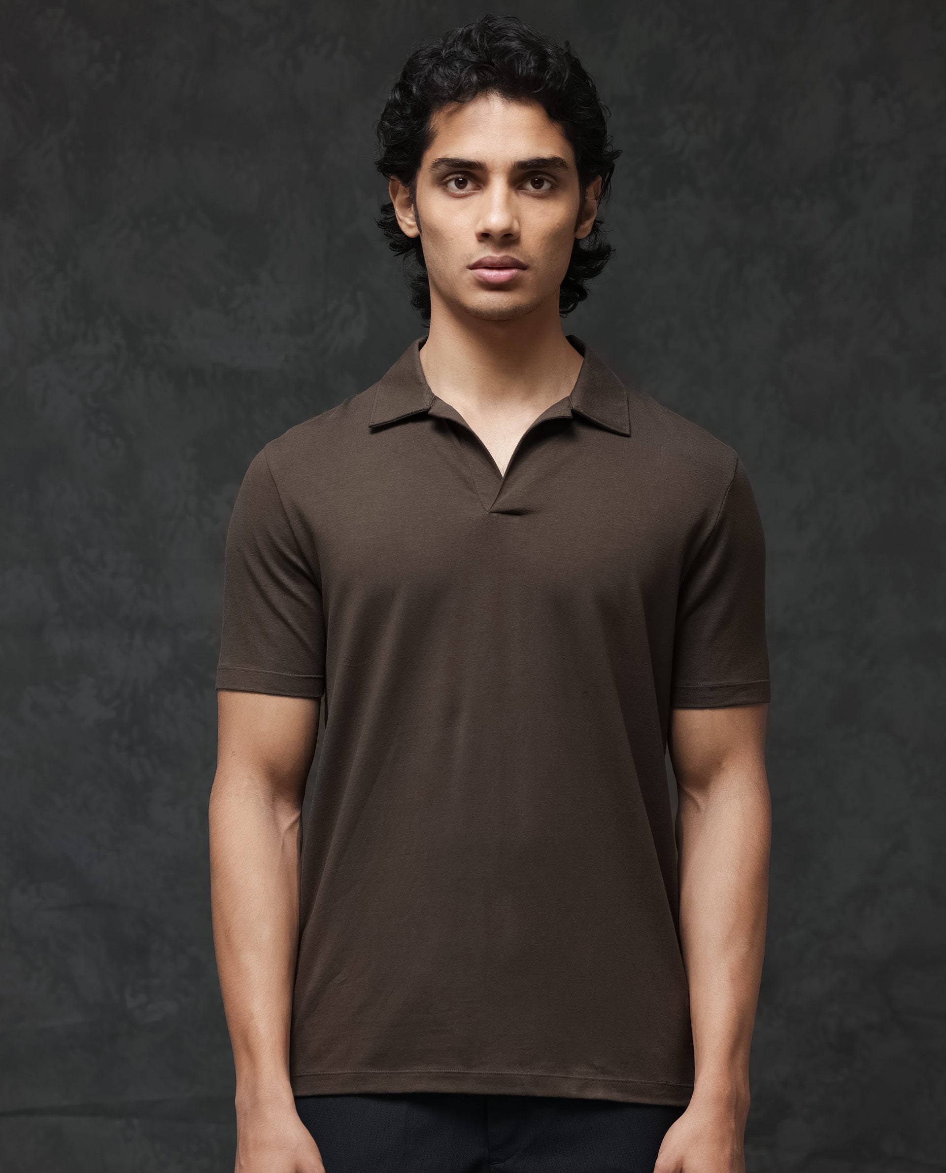 Rare Rabbit Mens Krib-2 Dark Olive Cotton Lycra Fabric Johnny Collar Half Sleeves Polo T-Shirt