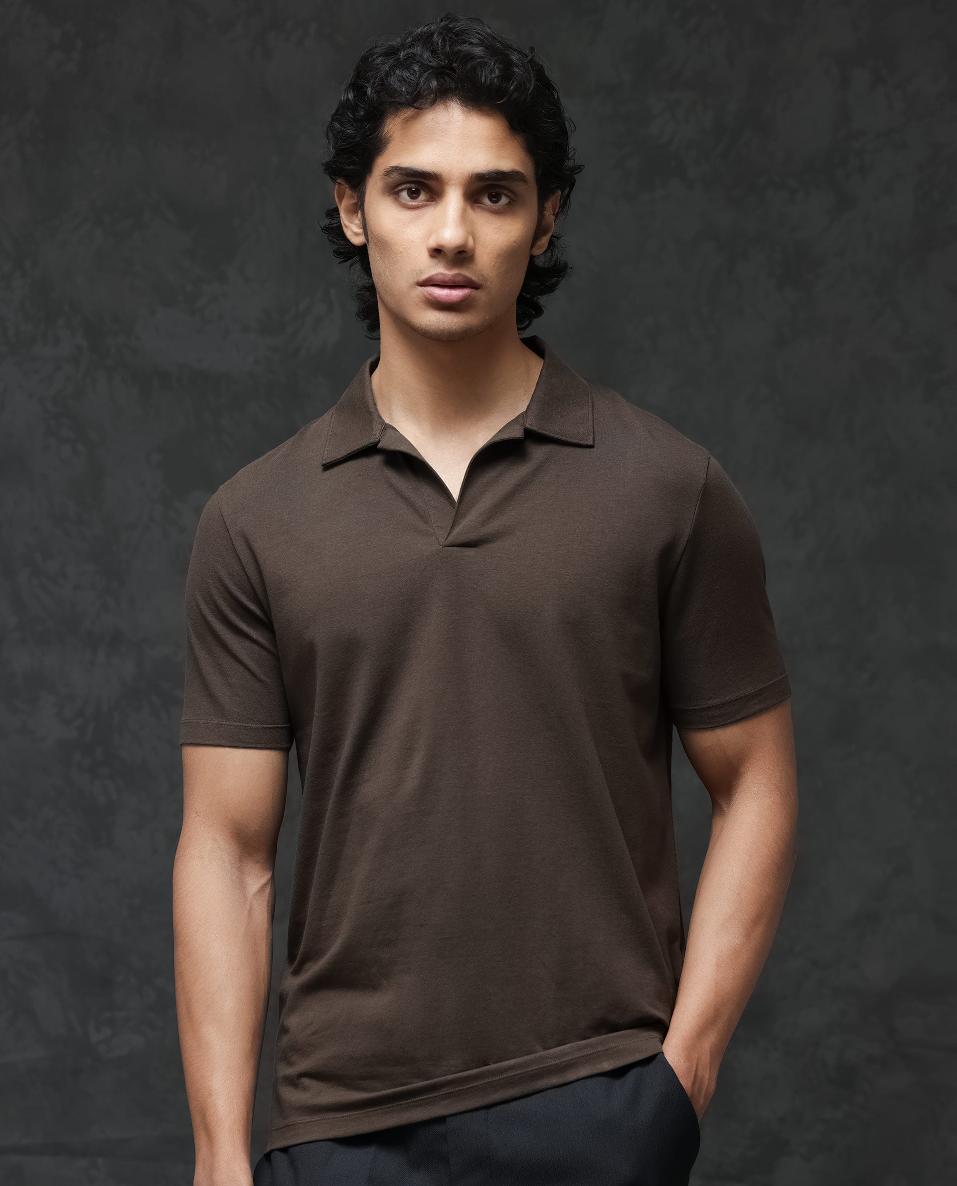 Rare Rabbit Mens Krib-2 Dark Olive Cotton Lycra Fabric Johnny Collar Half Sleeves Polo T-Shirt