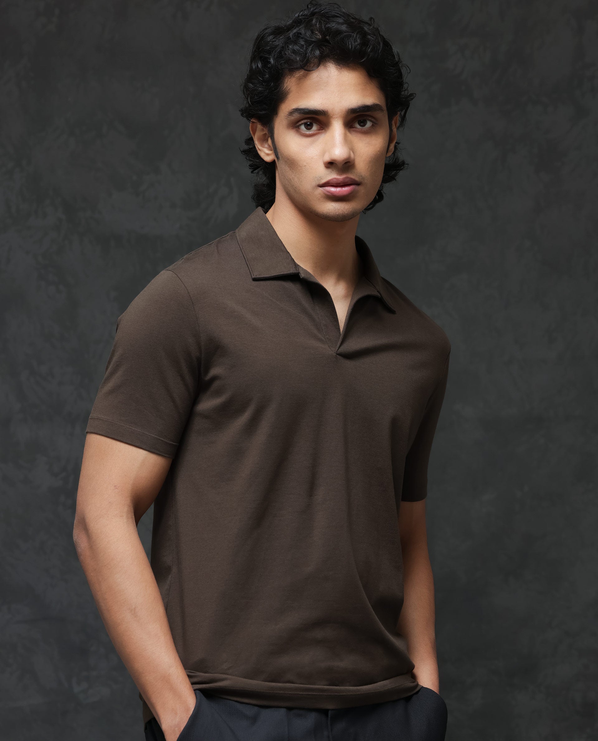 Rare Rabbit Mens Krib-2 Dark Olive Cotton Lycra Fabric Johnny Collar Half Sleeves Polo T-Shirt