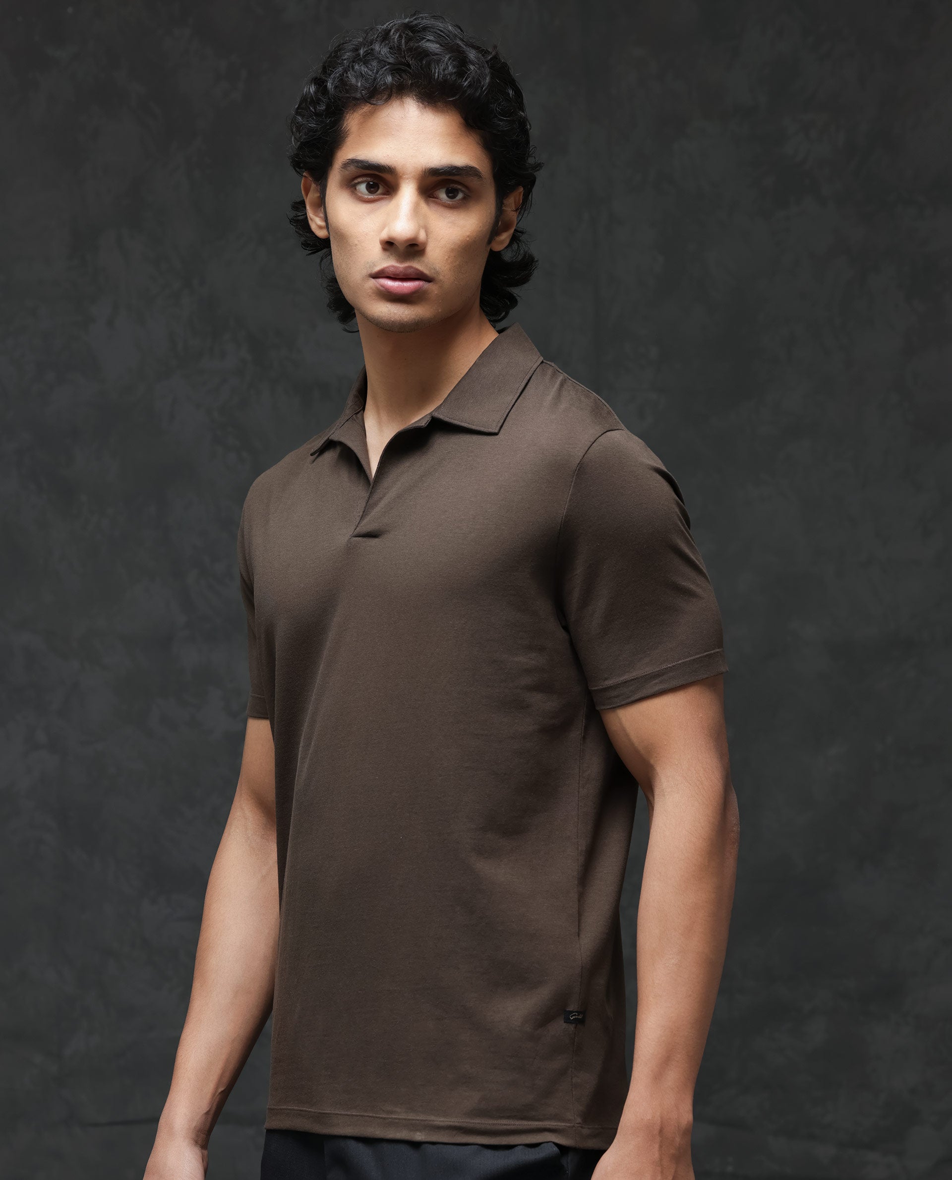 Rare Rabbit Mens Krib-2 Dark Olive Cotton Lycra Fabric Johnny Collar Half Sleeves Polo T-Shirt