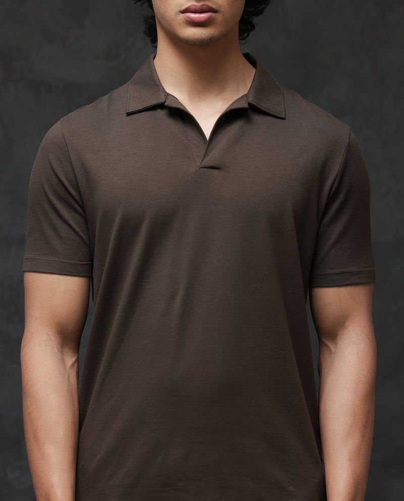 Rare Rabbit Mens Krib-2 Dark Olive Cotton Lycra Fabric Johnny Collar Half Sleeves Polo T-Shirt